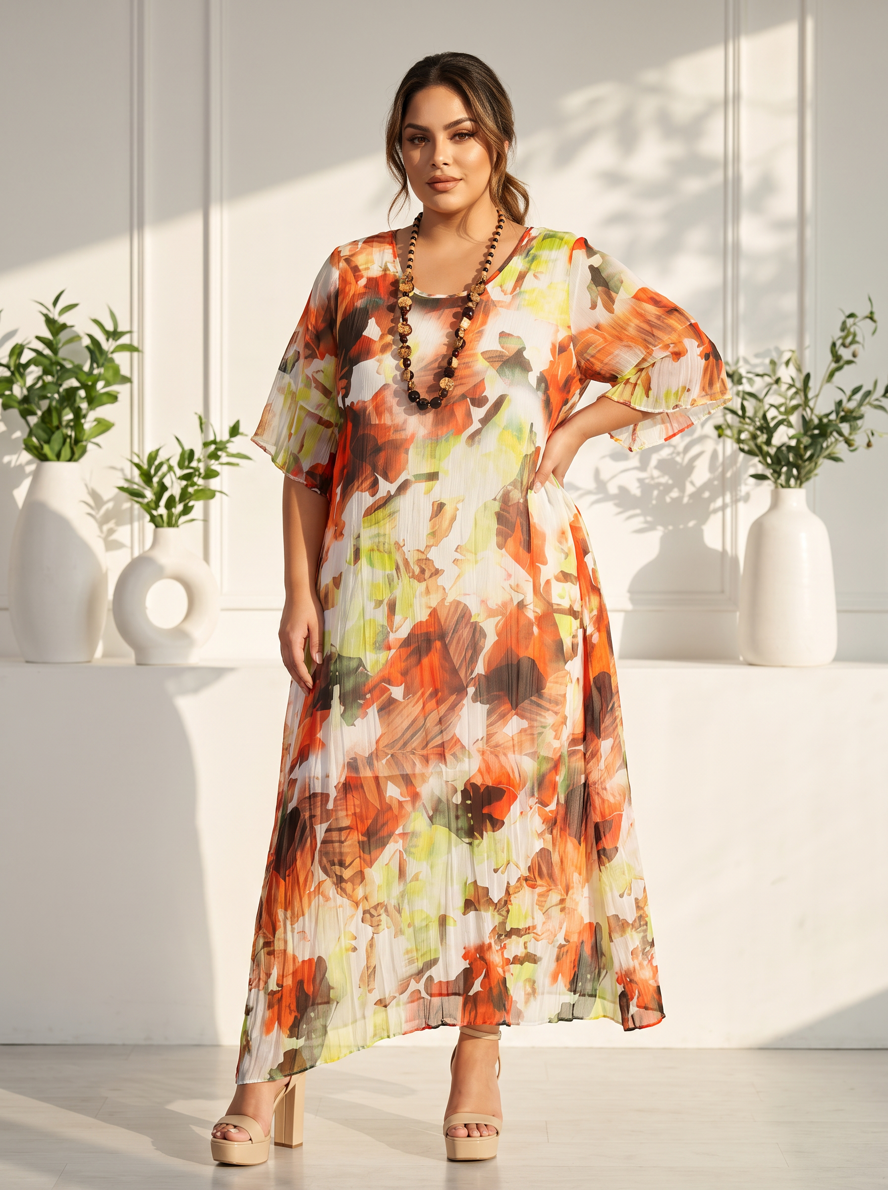 Rochie maxi limitată din șifon în nuanțe calde și delicate