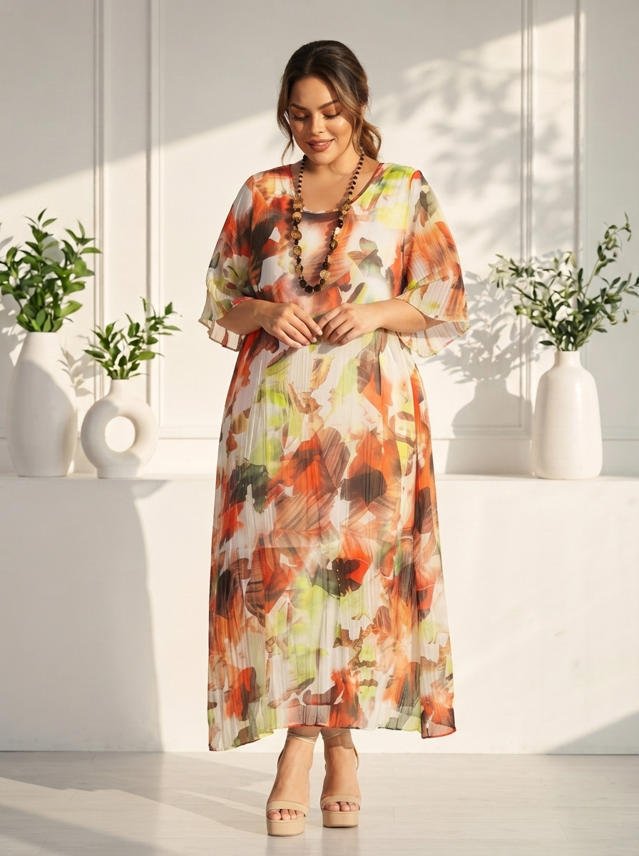 Rochie maxi limitată din șifon în nuanțe calde și delicate