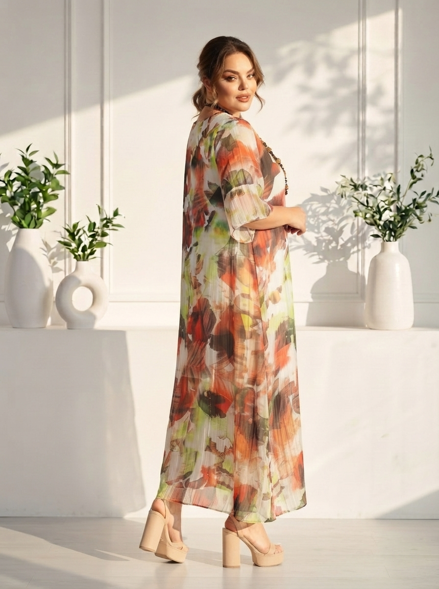 Rochie maxi limitată din șifon în nuanțe calde și delicate
