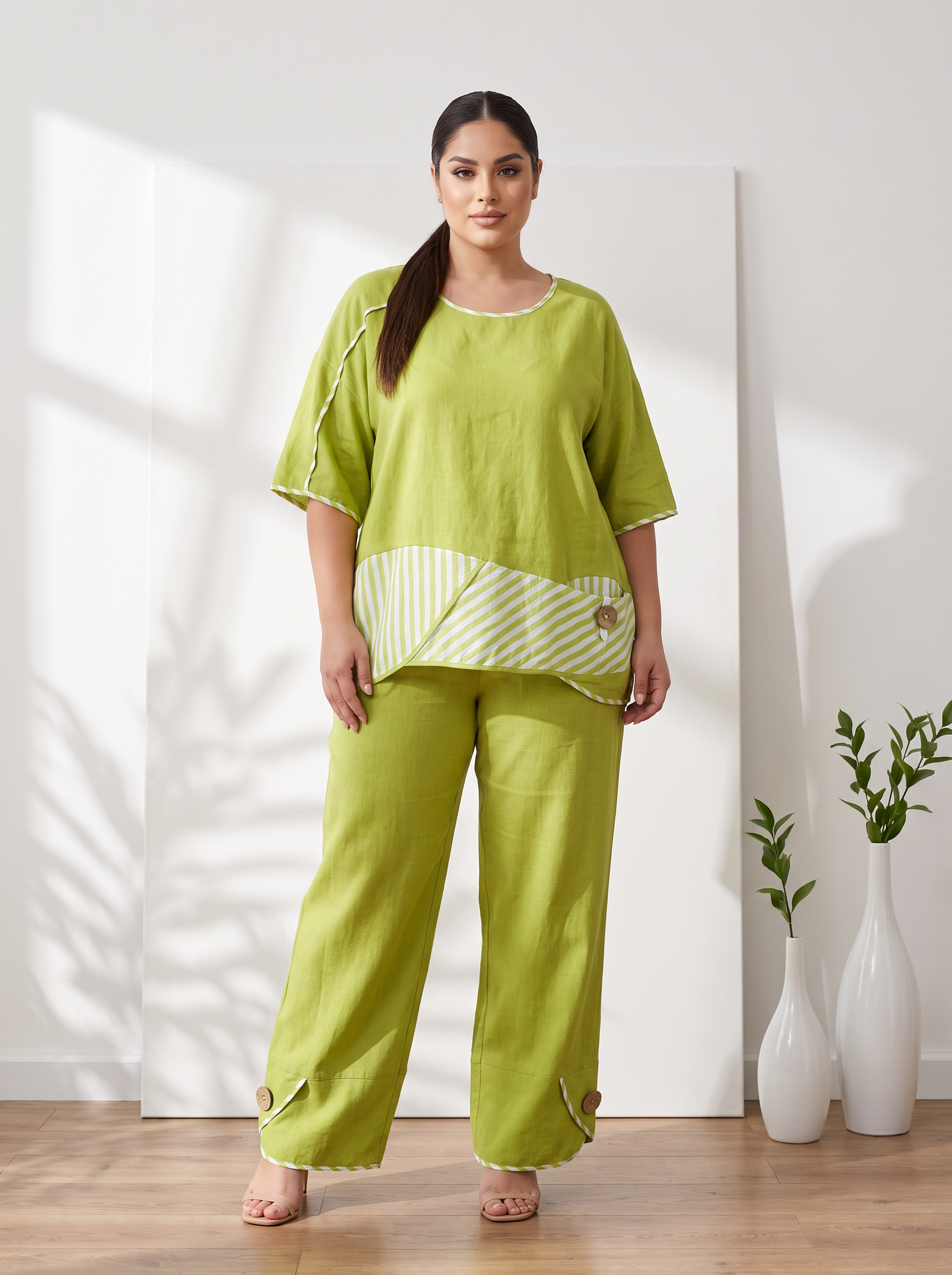 Set maxi din bumbac cu dungi și pantaloni largi culoare lime