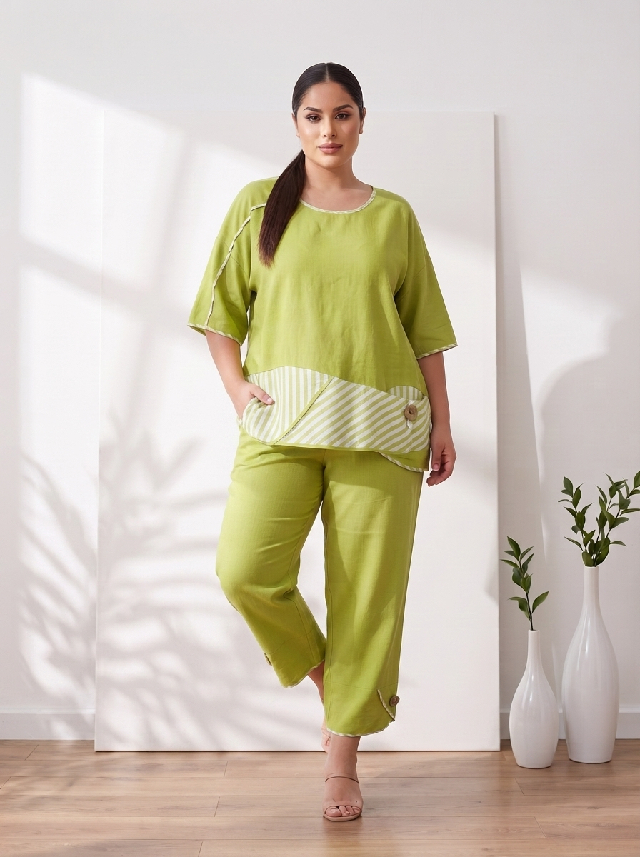 Set maxi din bumbac cu dungi și pantaloni largi culoare lime