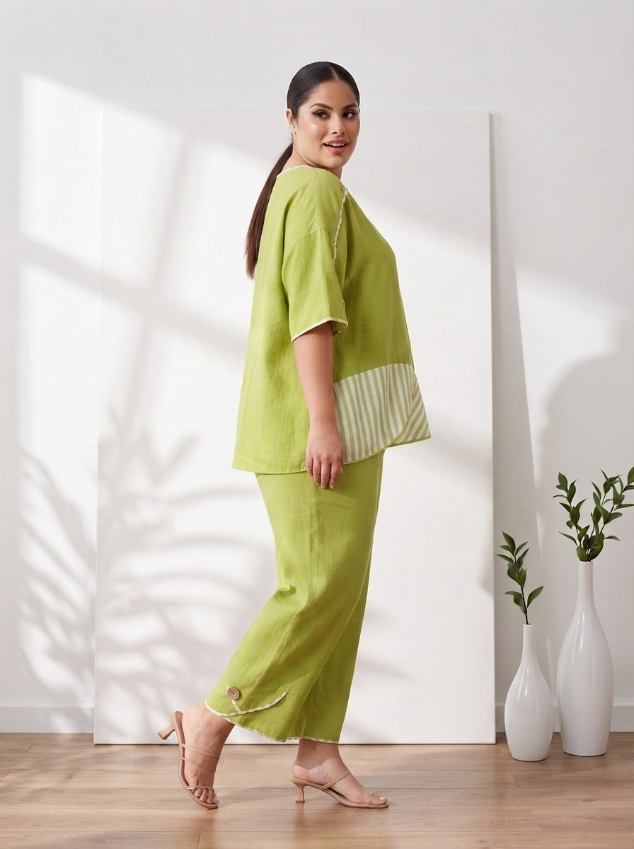 Set maxi din bumbac cu dungi și pantaloni largi culoare lime