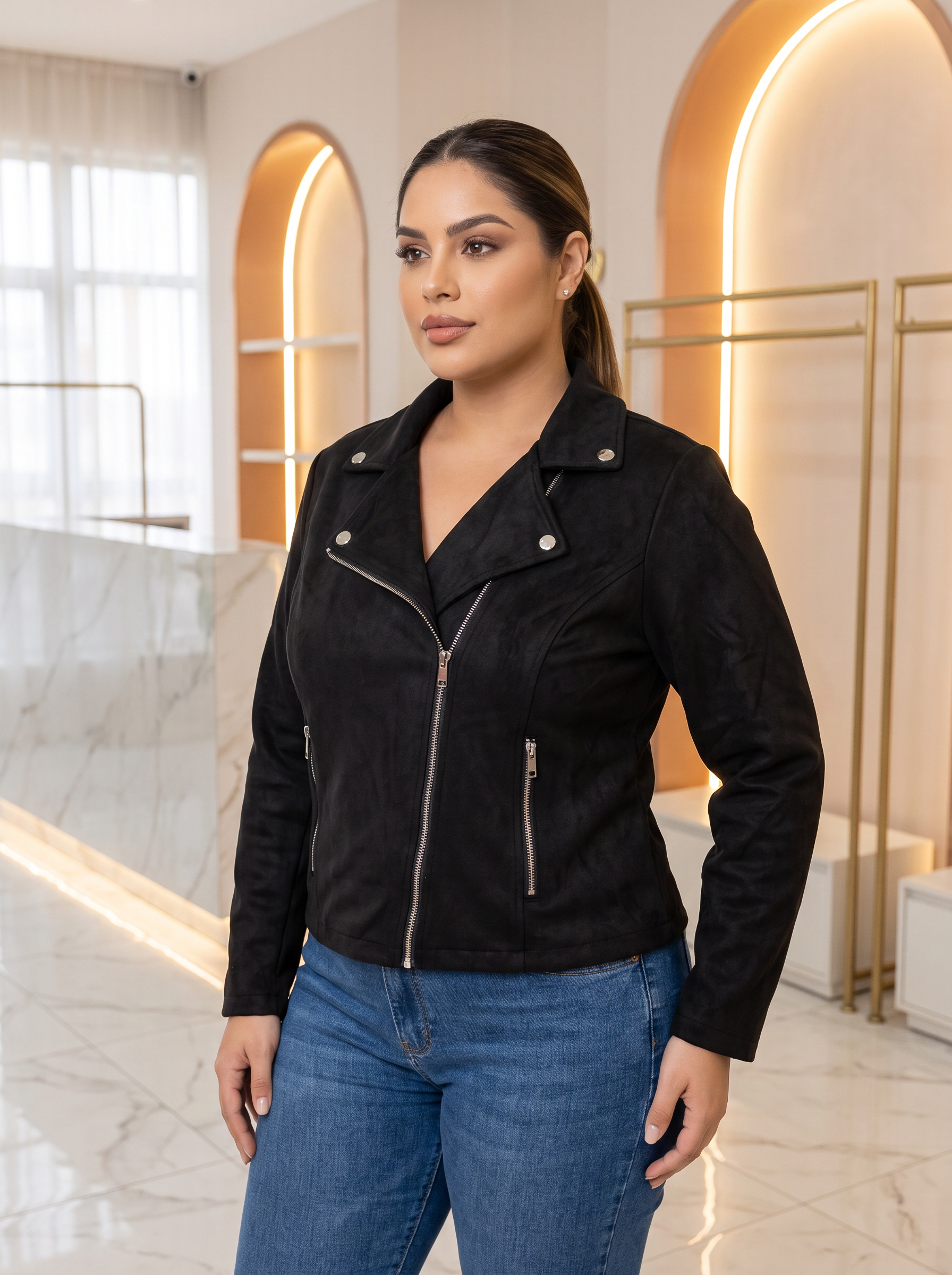 Geacă modernă din velur culoare neagră în stil rock
