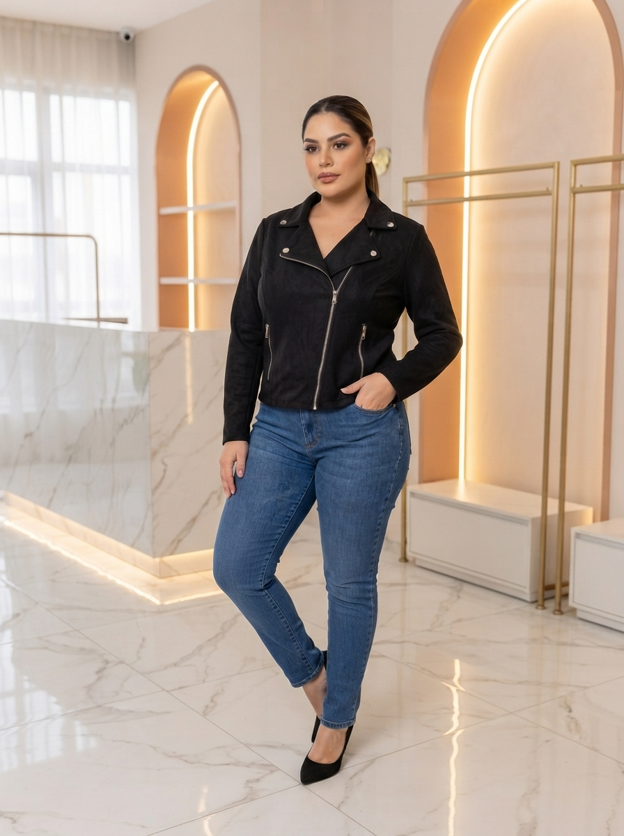 Geacă modernă din velur culoare neagră în stil rock