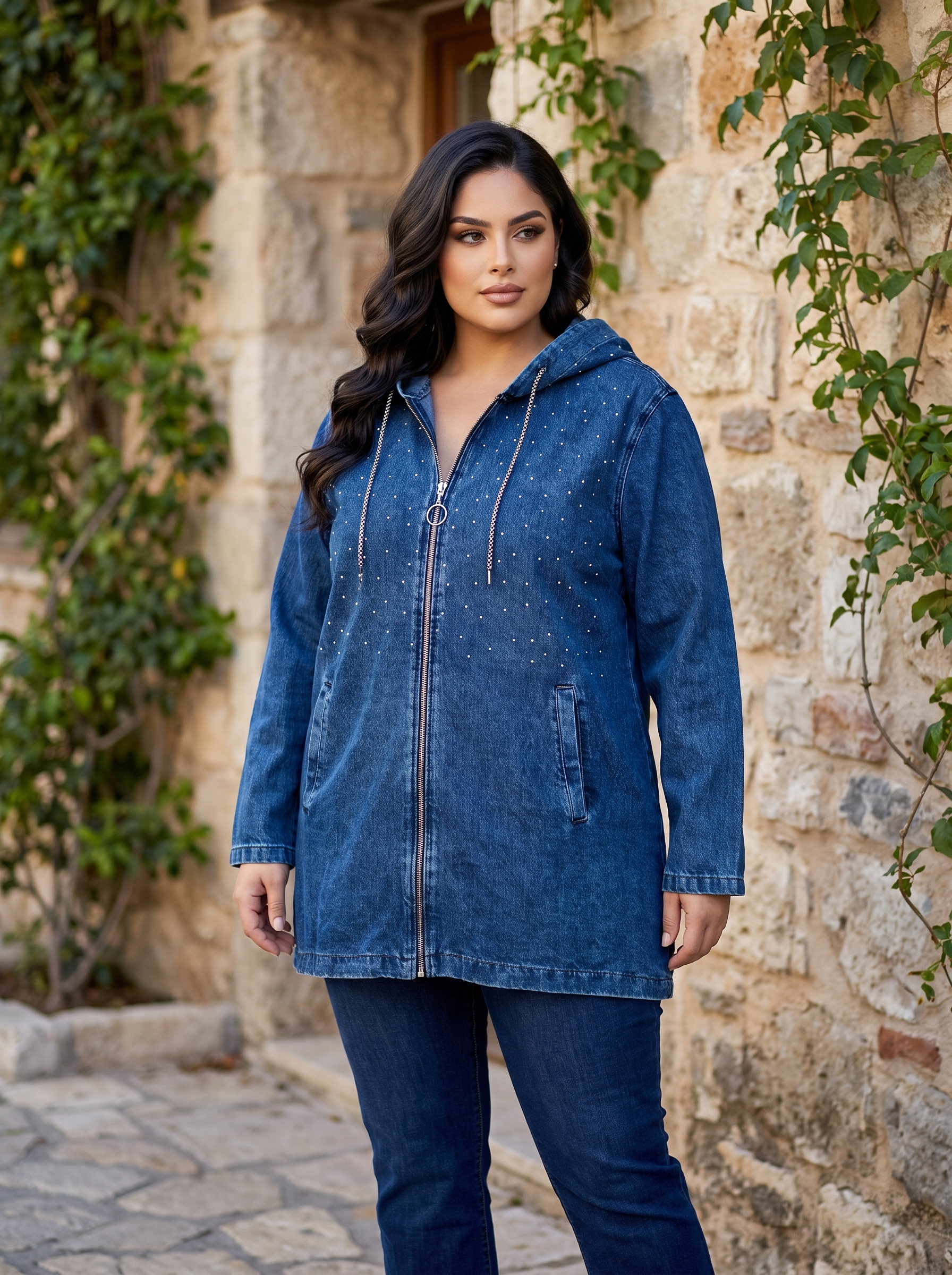 Jachetă modernă din denim cu efect strălucitor în mărimi mari