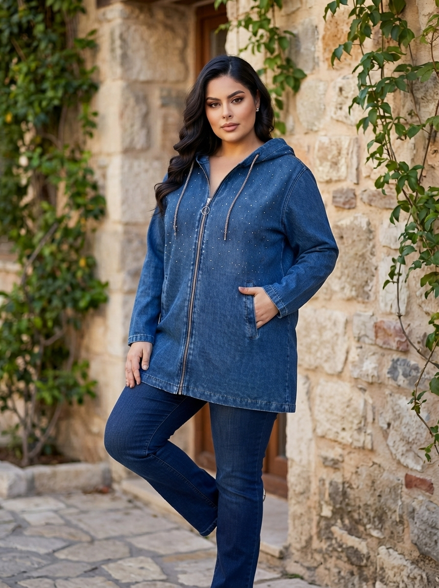 Jachetă modernă din denim cu efect strălucitor în mărimi mari