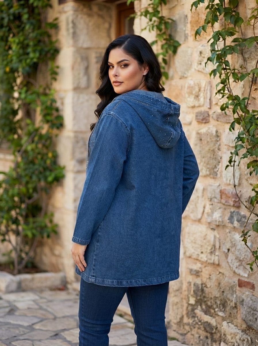 Jachetă modernă din denim cu efect strălucitor în mărimi mari