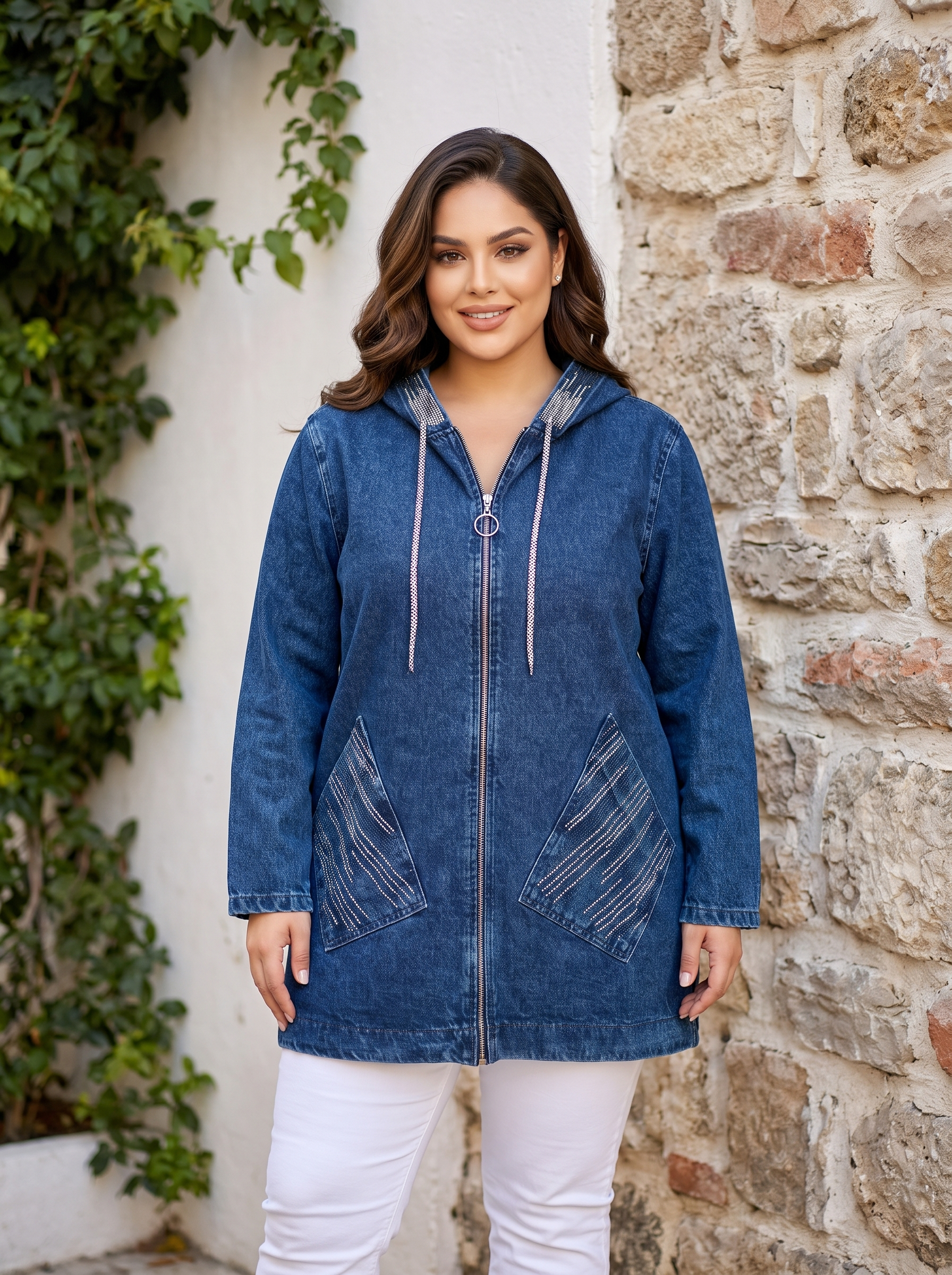 Jachetă maxi modernă din denim cu glugă – design contemporan