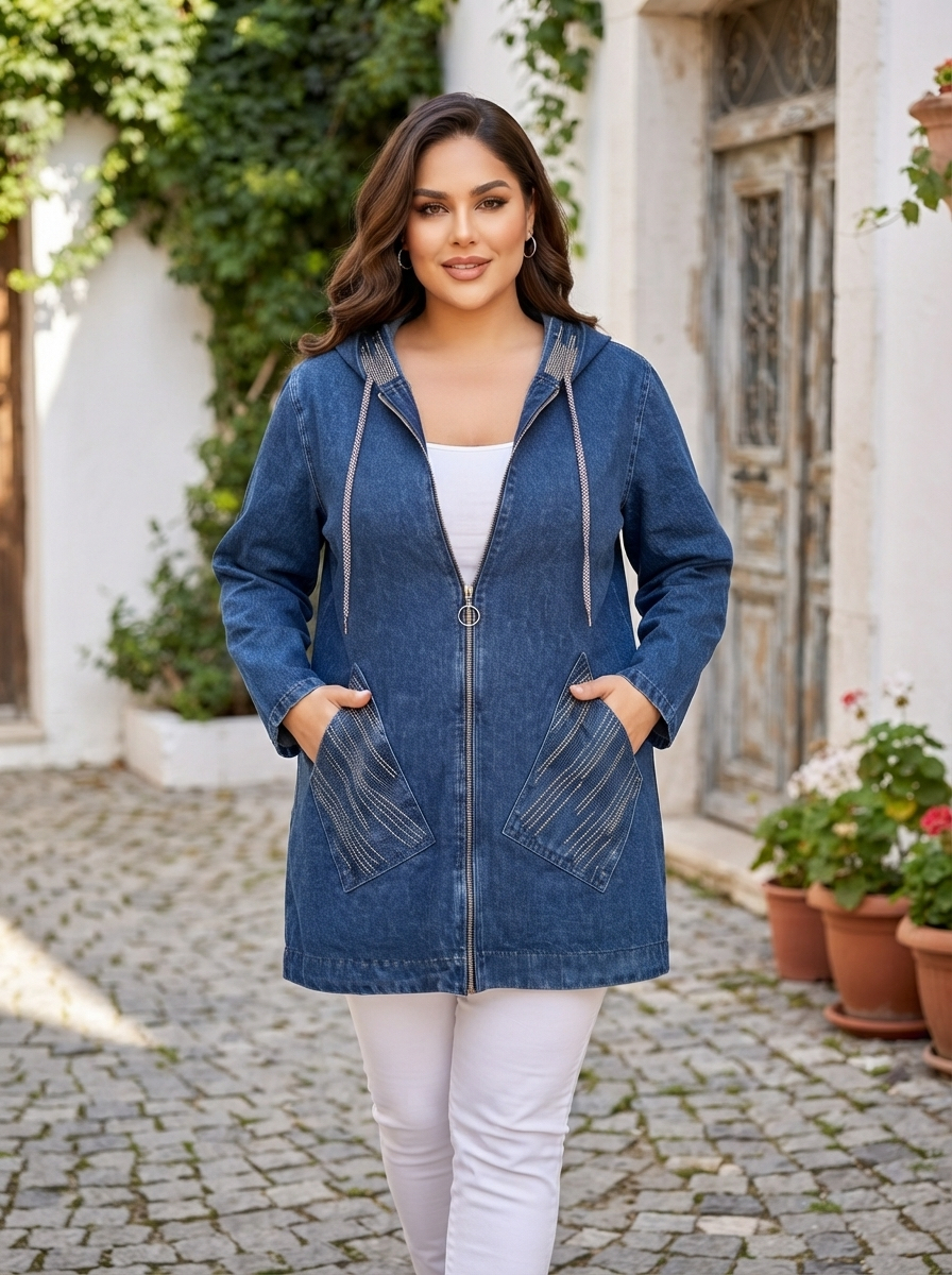 Jachetă maxi modernă din denim cu glugă – design contemporan