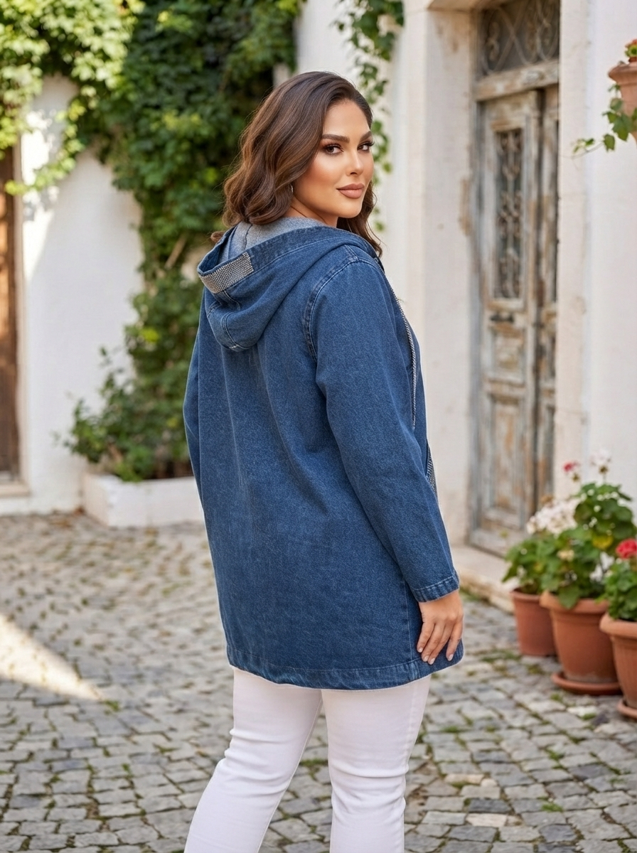 Jachetă maxi modernă din denim cu glugă – design contemporan