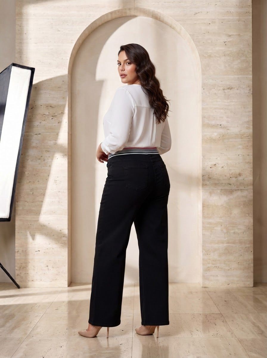 Pantaloni negri elastici din denim cu croială largă – mărimi mari
