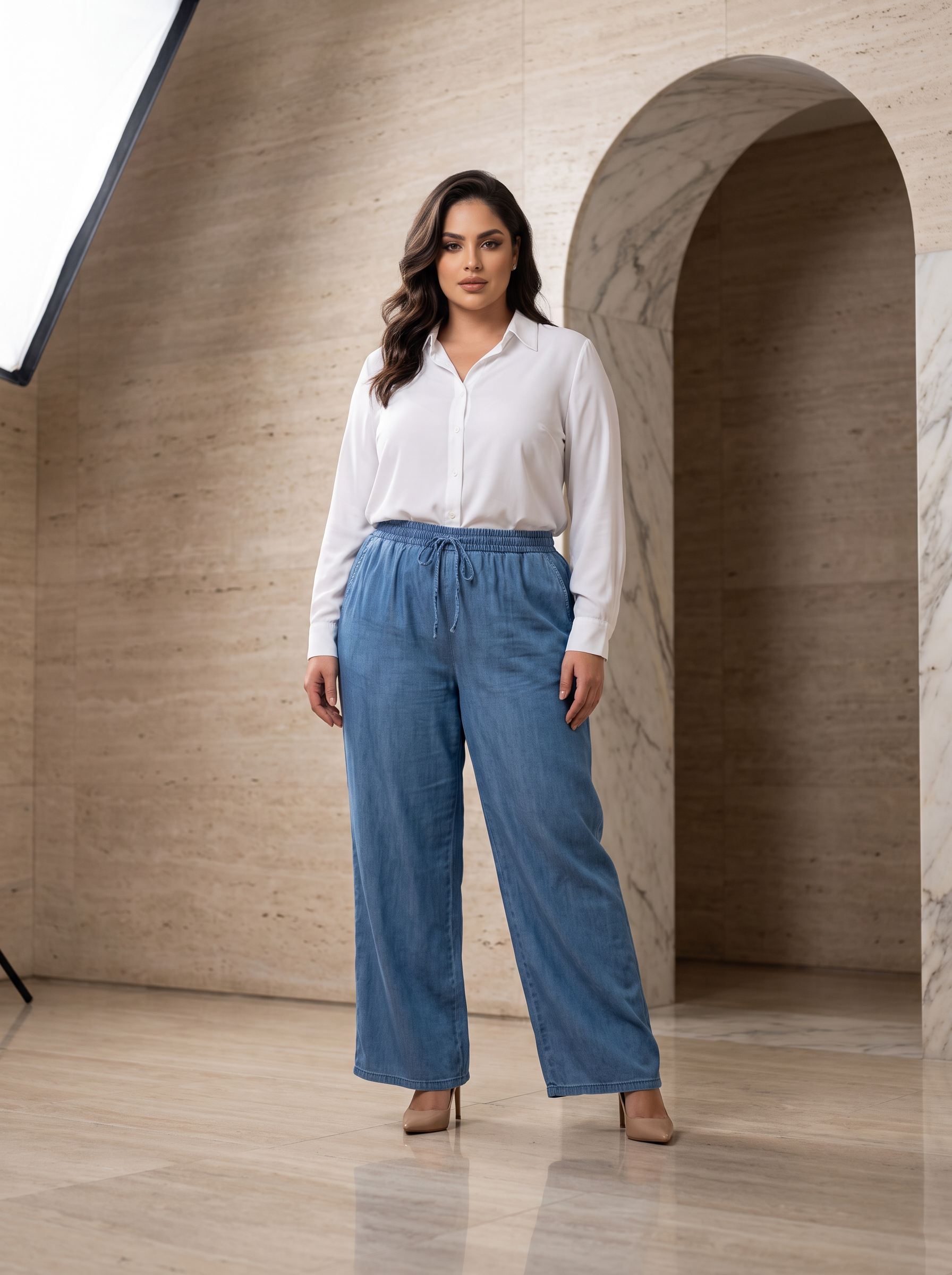 Pantaloni largi din denim cu talie elastică în mărimi mari