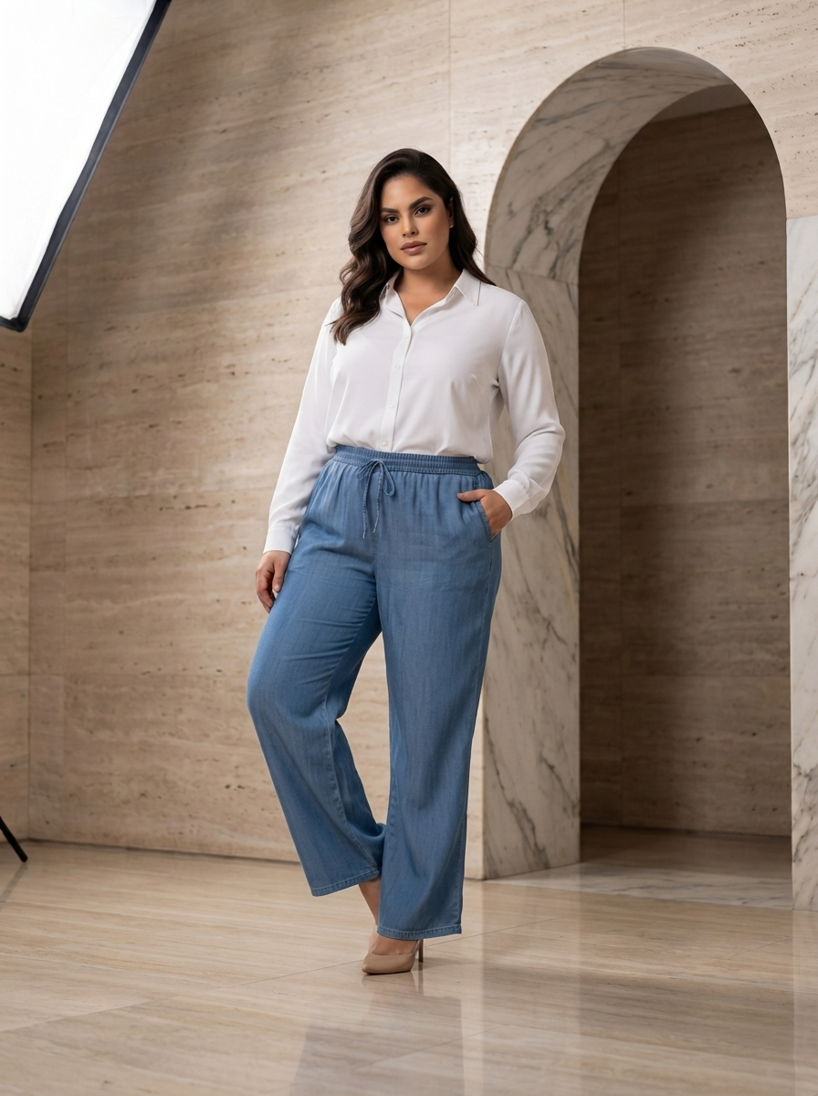 Pantaloni largi din denim cu talie elastică în mărimi mari