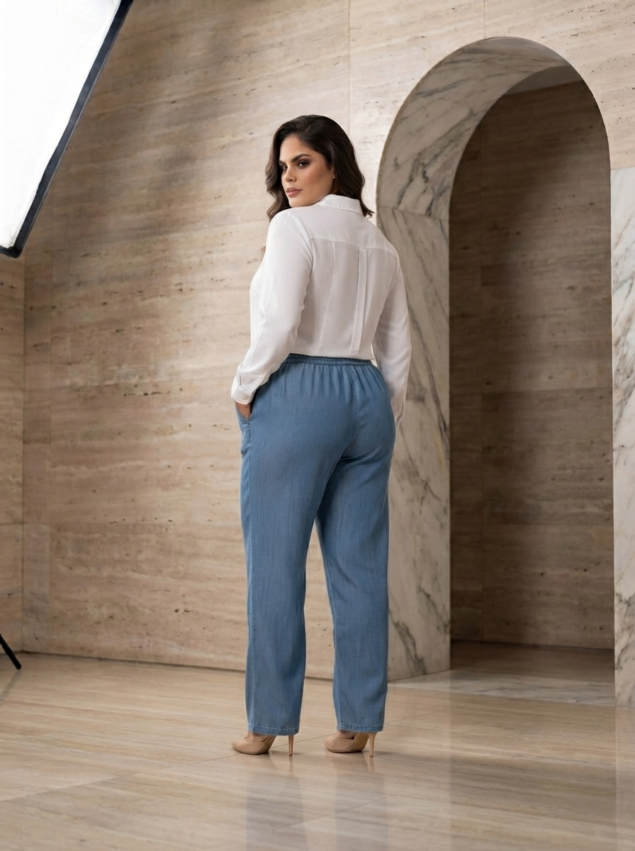 Pantaloni largi din denim cu talie elastică în mărimi mari
