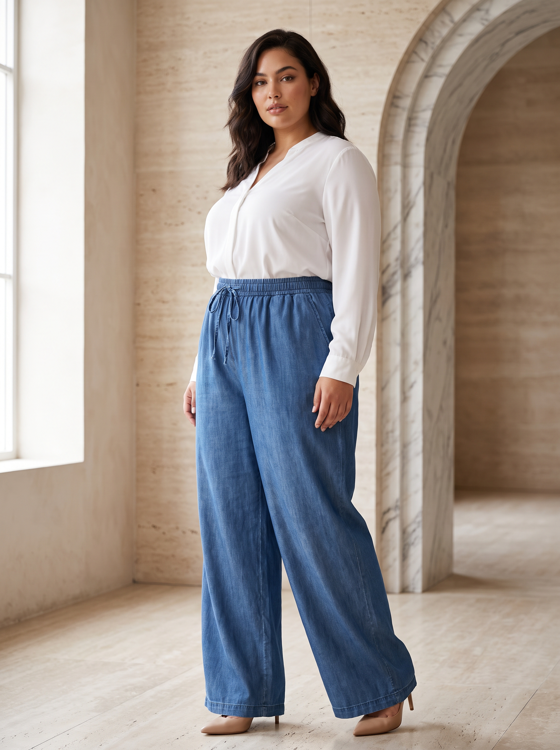 Pantaloni largi din denim închis la culoare cu talie elastică