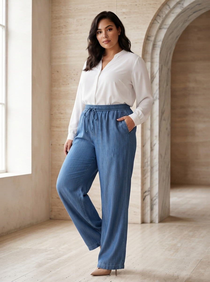 Pantaloni largi din denim închis la culoare cu talie elastică
