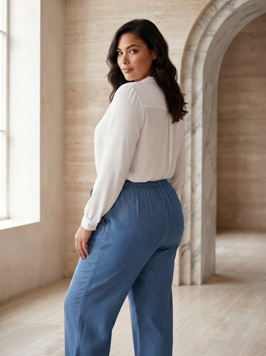 Pantaloni largi din denim închis la culoare cu talie elastică