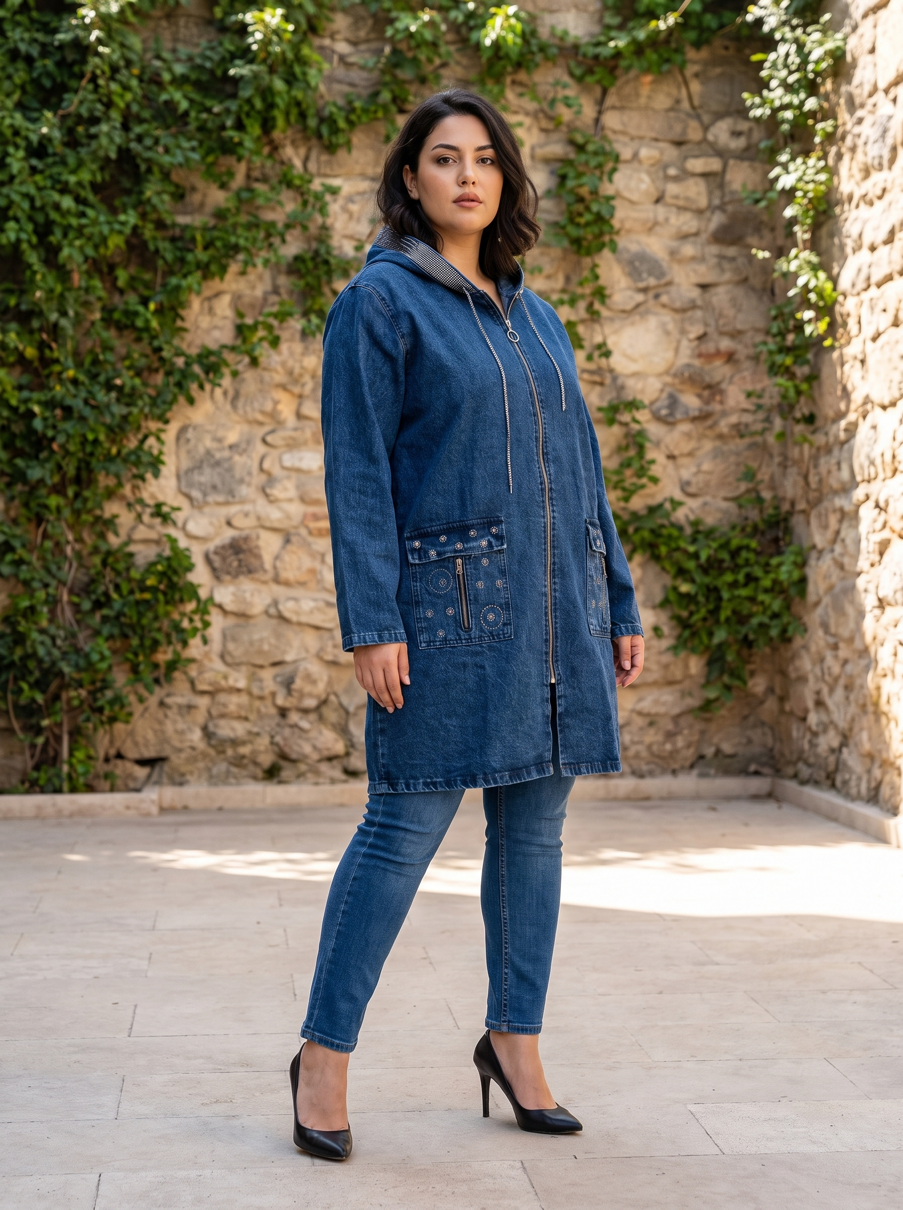 Jachetă maxi modernă din denim cu detalii delicate din pietricele	