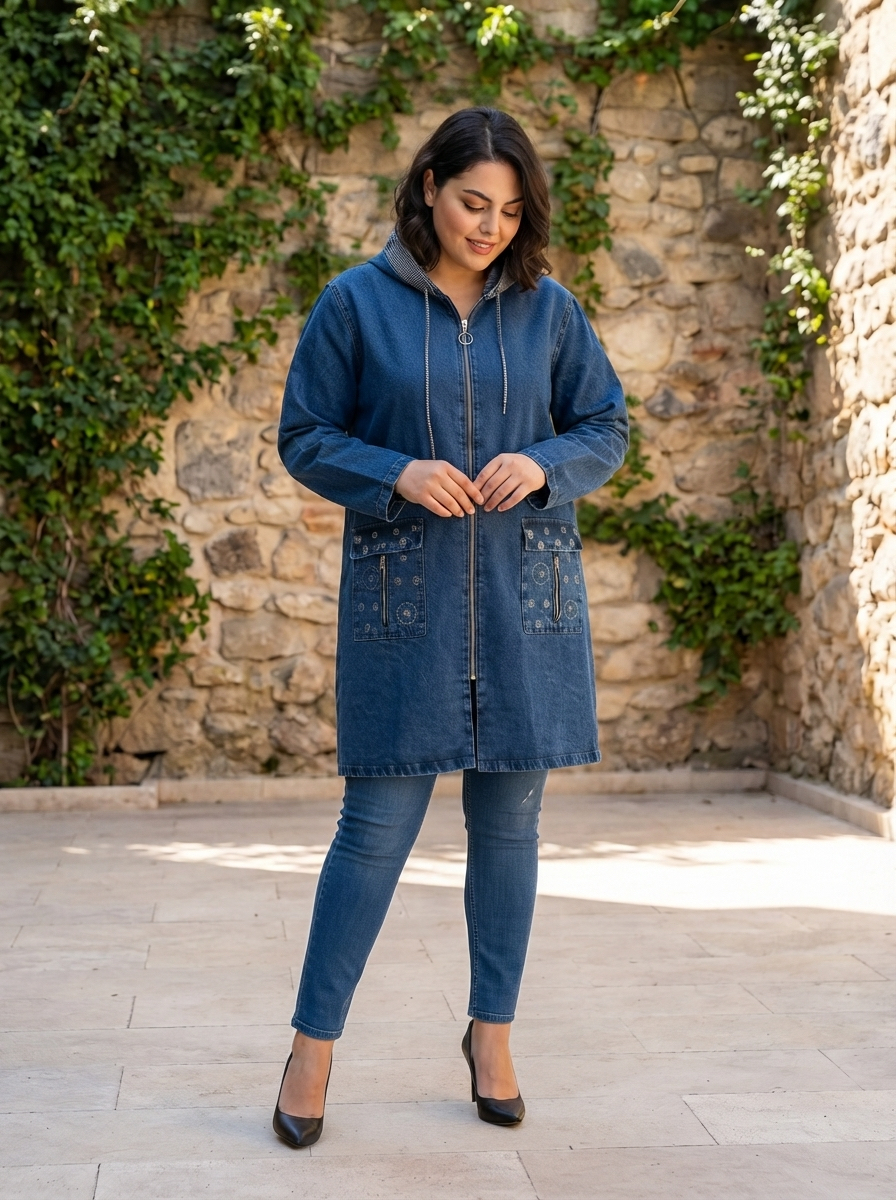 Jachetă maxi modernă din denim cu detalii delicate din pietricele	