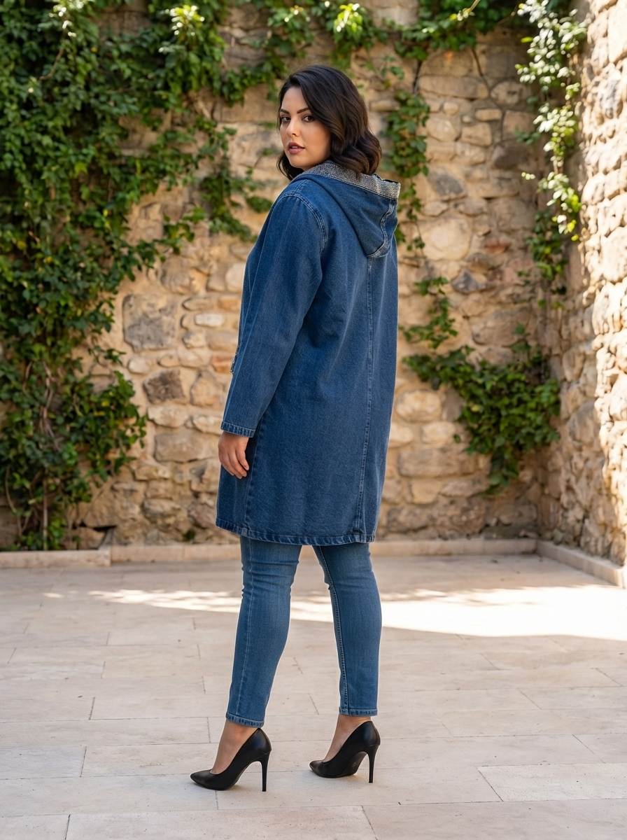 Jachetă maxi modernă din denim cu detalii delicate din pietricele	