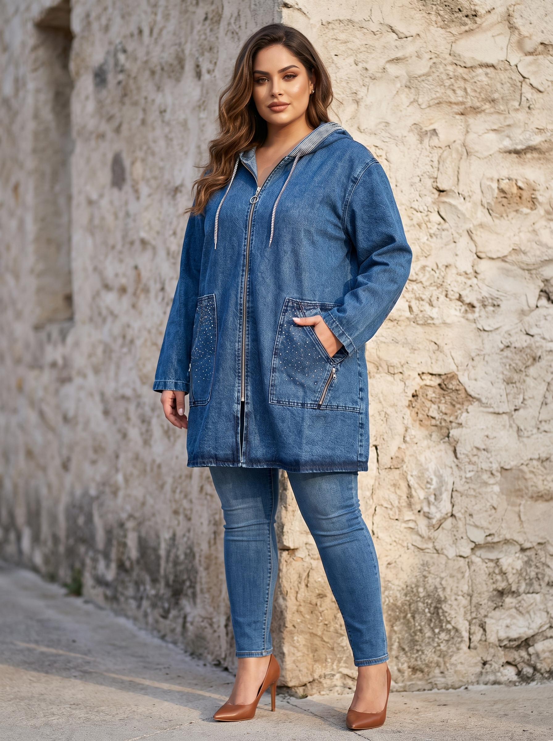 Jachetă maxi modernă din denim cu o strălucire delicată