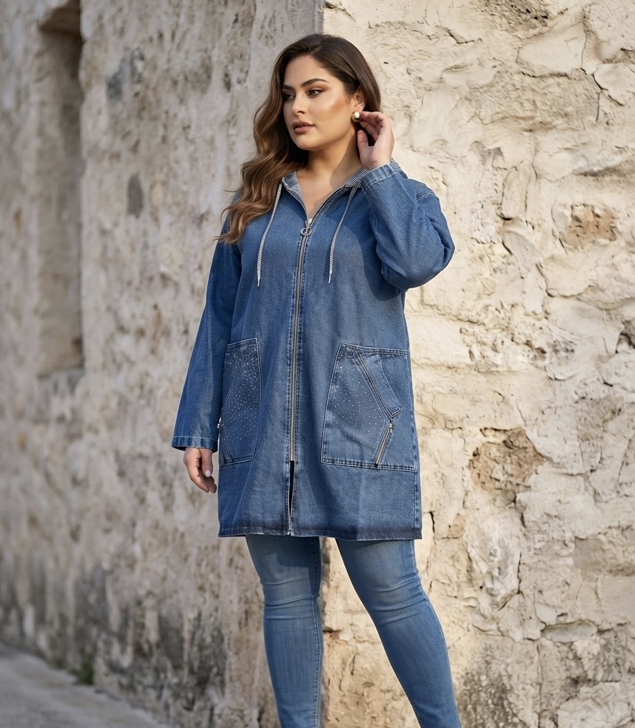 Jachetă maxi modernă din denim cu o strălucire delicată