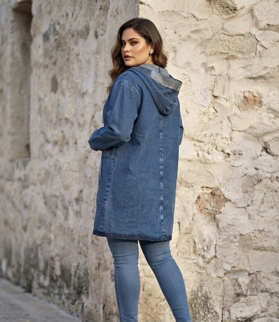 Jachetă maxi modernă din denim cu o strălucire delicată