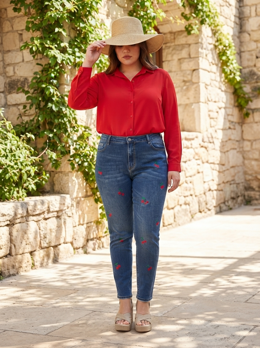 Blugi elastici cu broderie spectaculoasă în mărimi mari