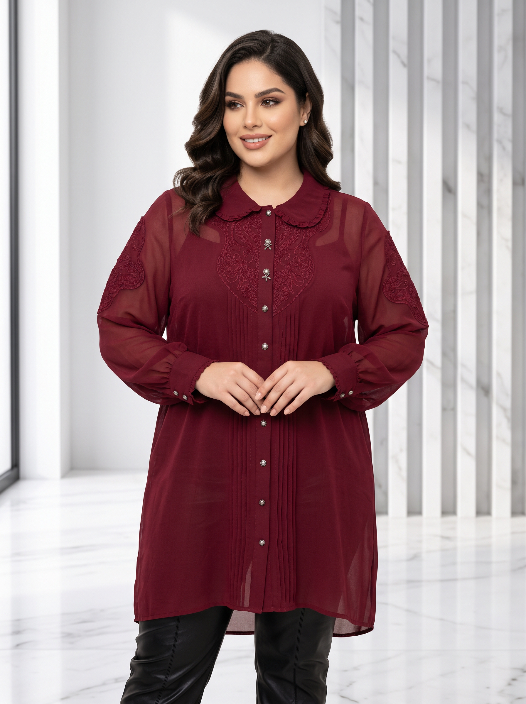 Cămașă luxoasă din șifon bordo cu detalii Plus Size