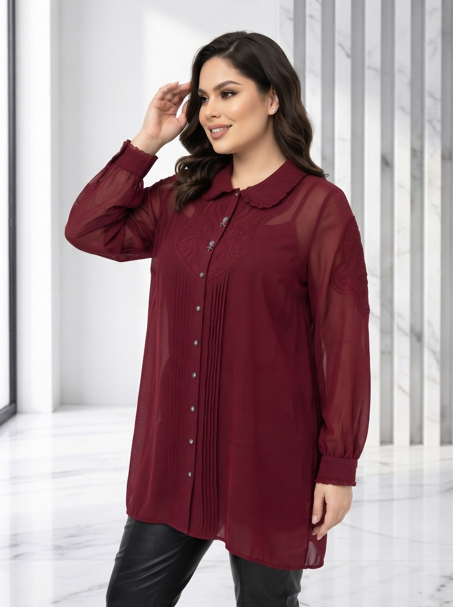Cămașă luxoasă din șifon bordo cu detalii Plus Size