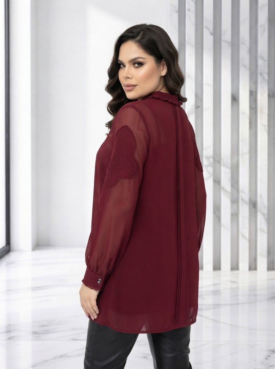 Cămașă luxoasă din șifon bordo cu detalii Plus Size