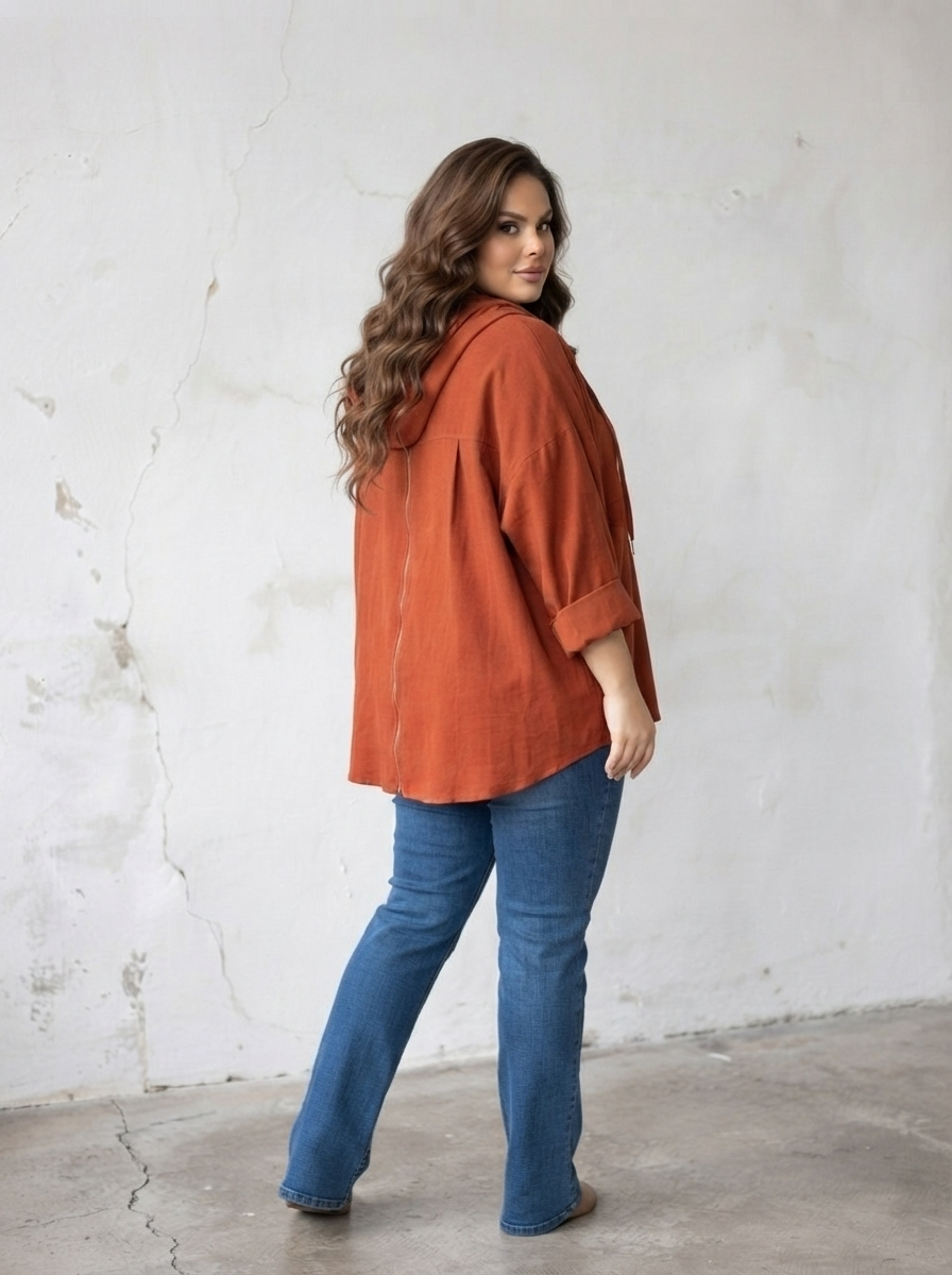 Cămașă-jachetă din denim culoare cărămizie pentru mărimi mari