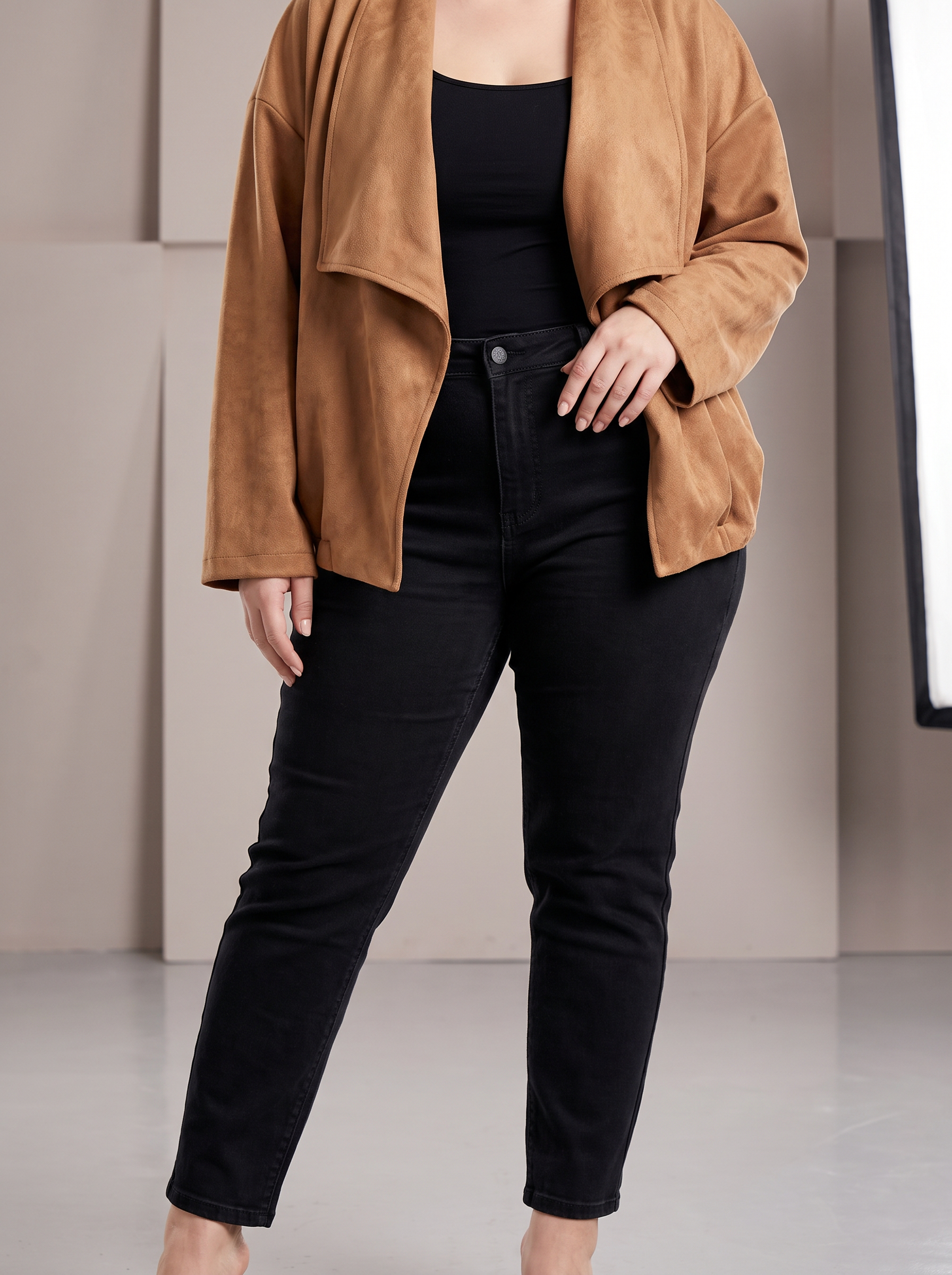 Jachetă elegantă maxi din velur în nuanță camel