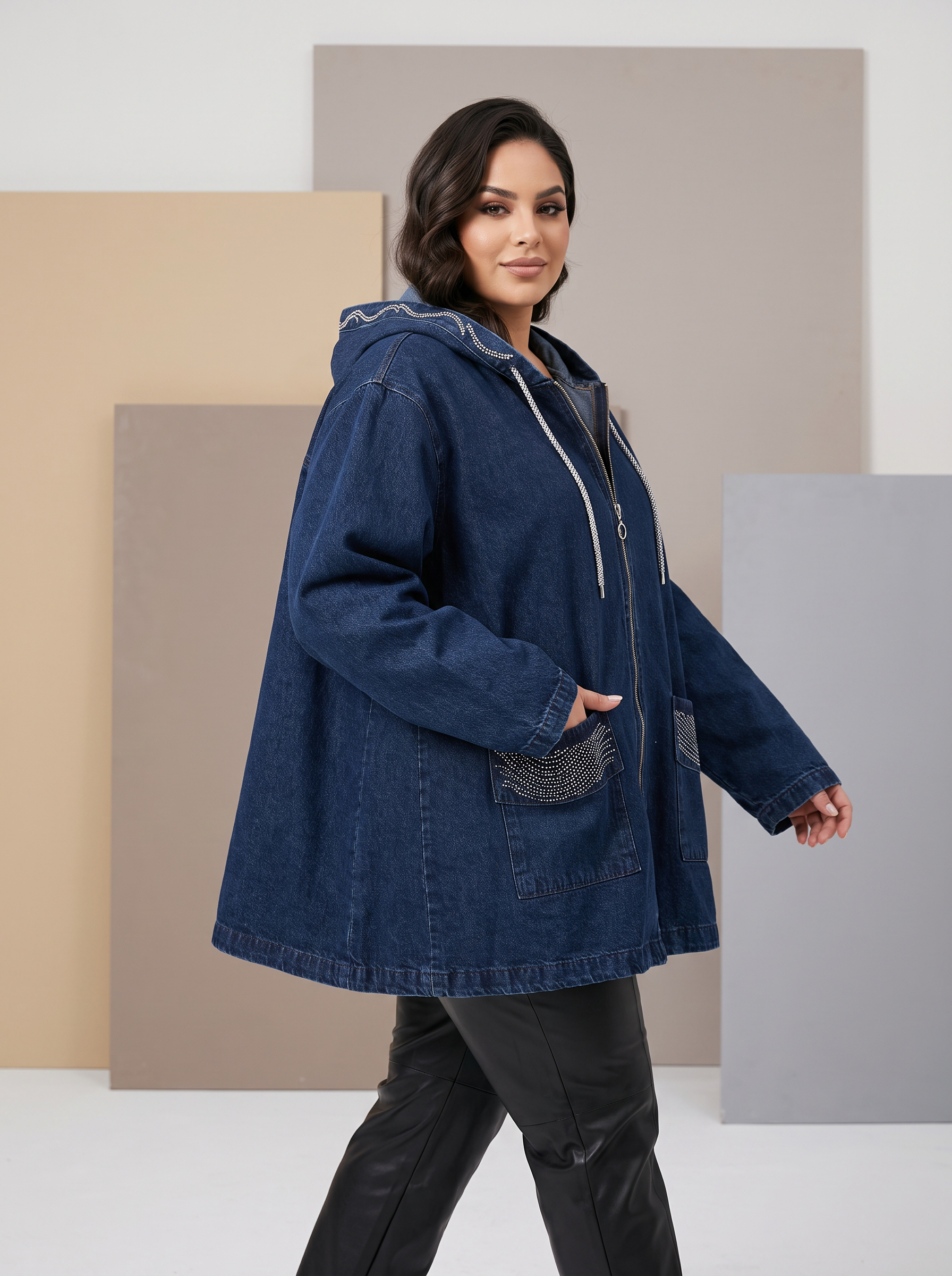 Jachetă maxi din denim cu aspect modern și strălucire de pietricele