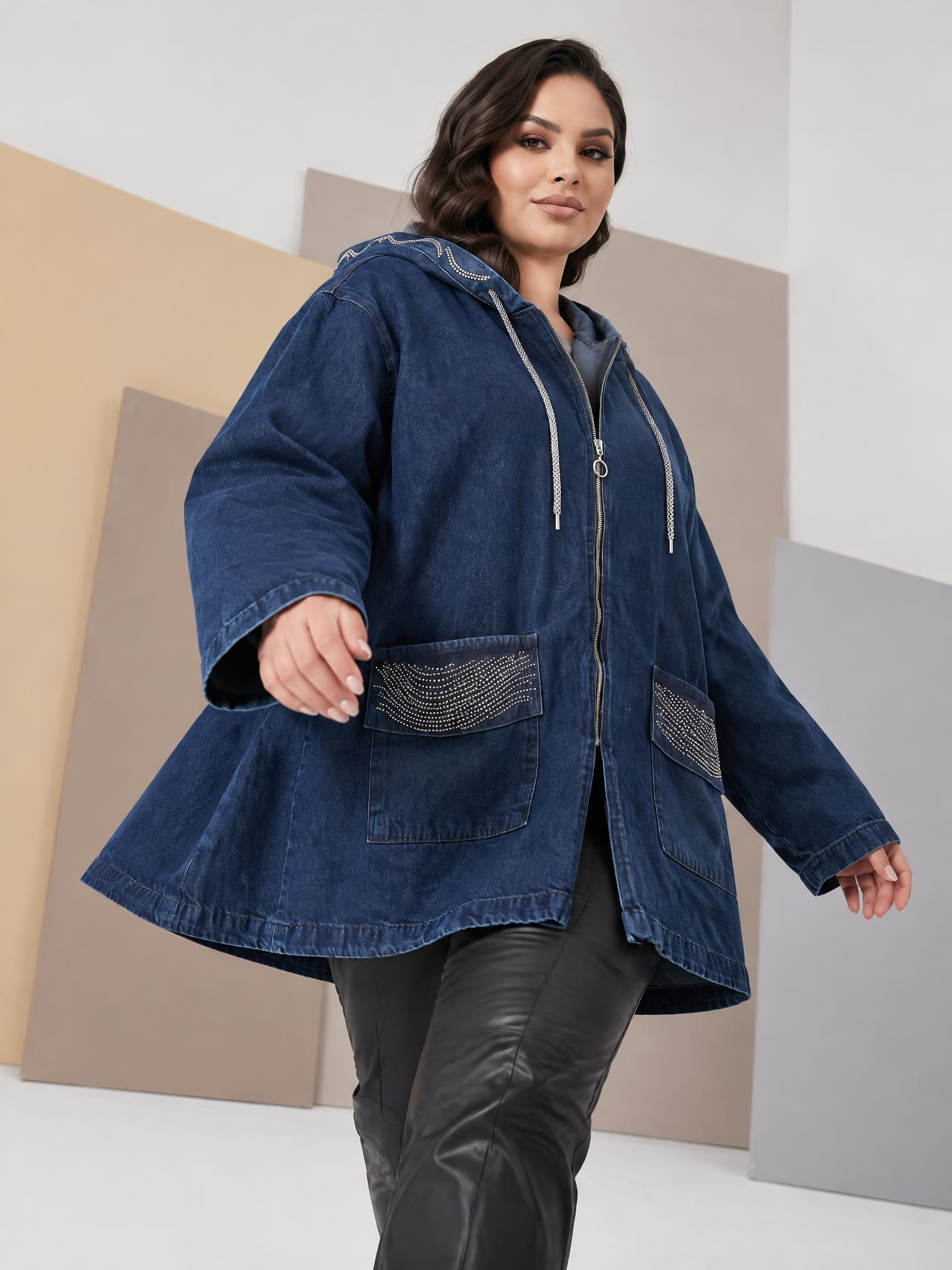 Jachetă maxi din denim cu aspect modern și strălucire de pietricele