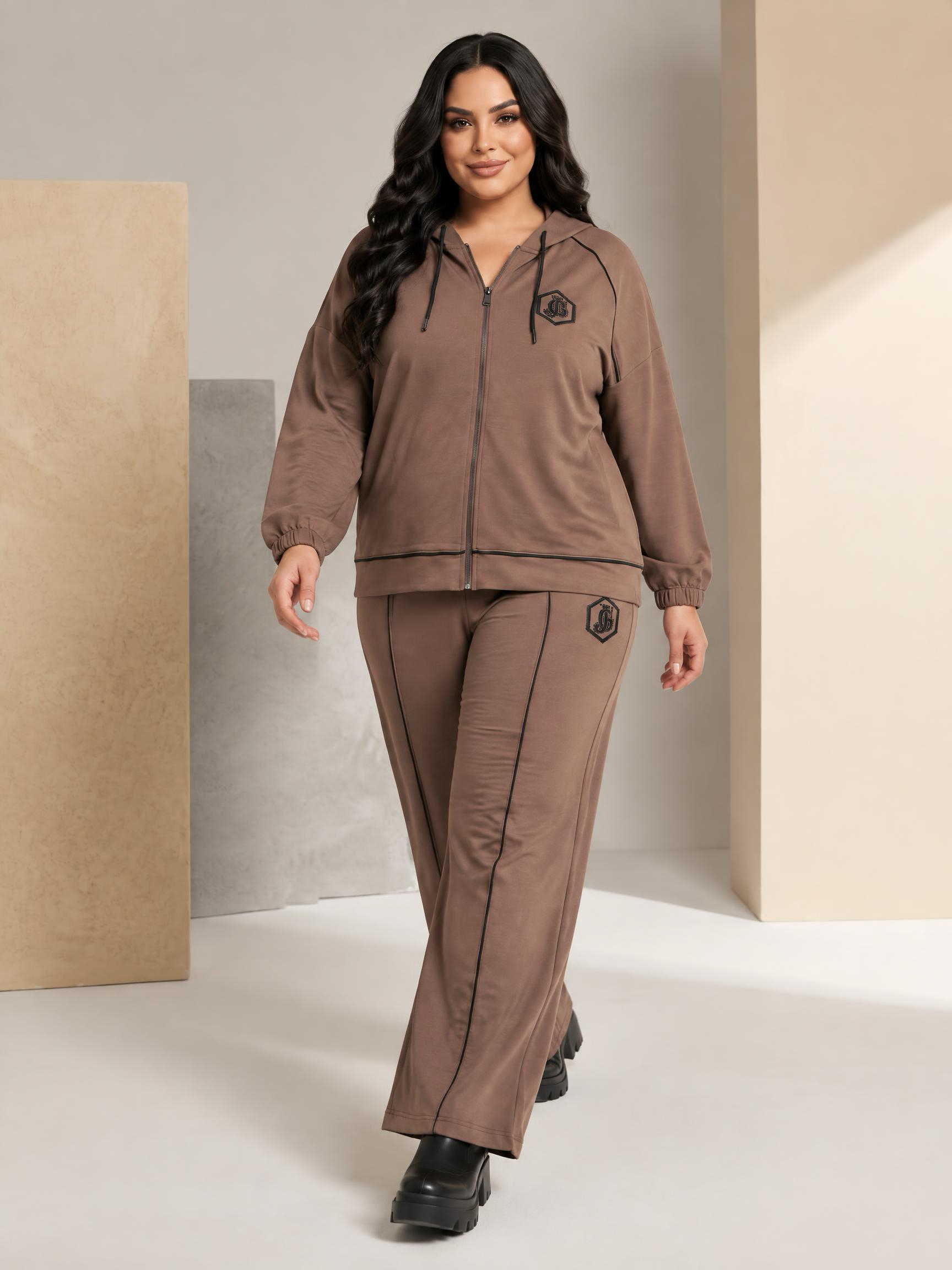 Compleu elegant cappuccino din tricot în mărimi mari