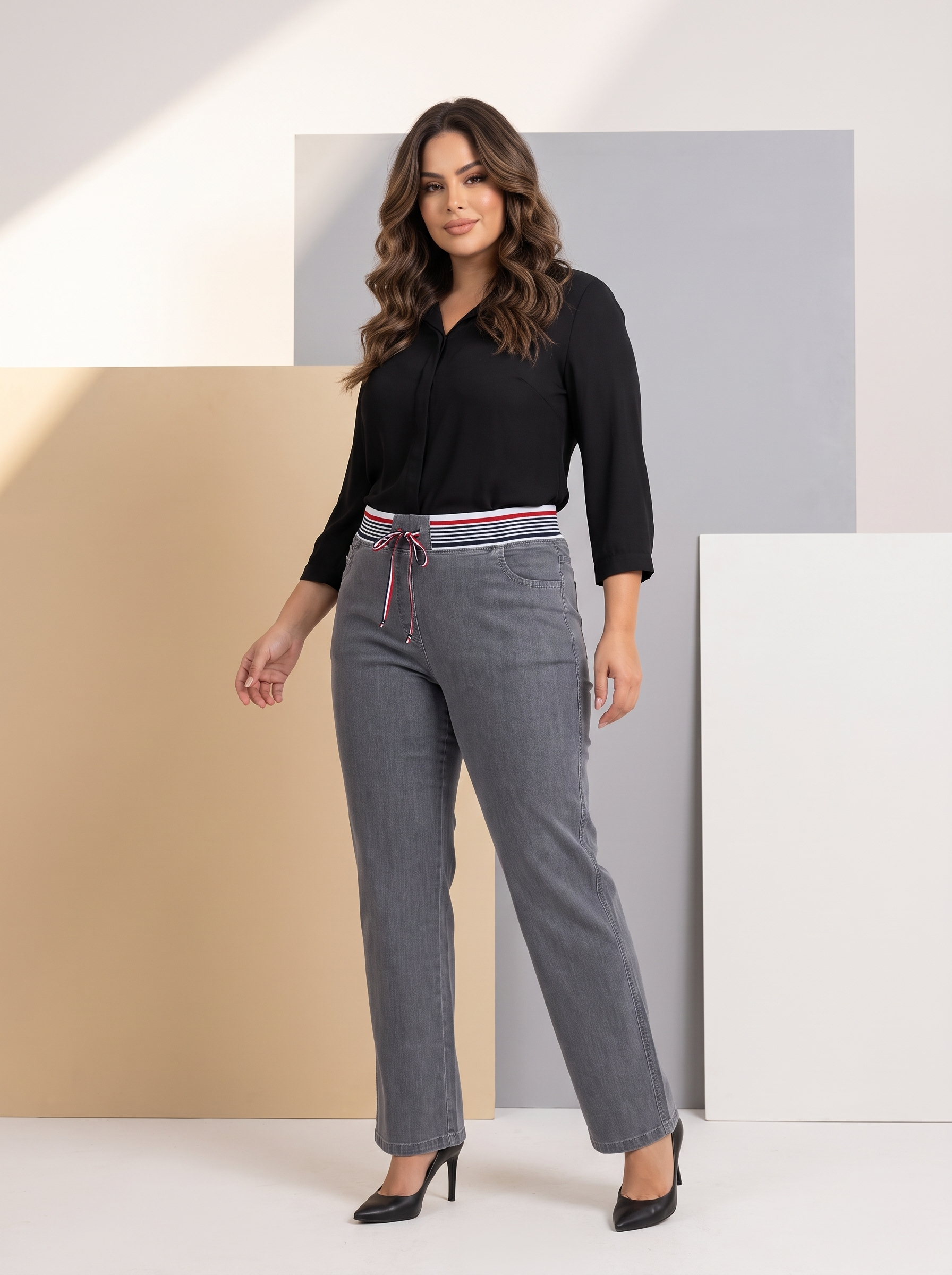 Blugi gri cu design modern și talie elastică colorată