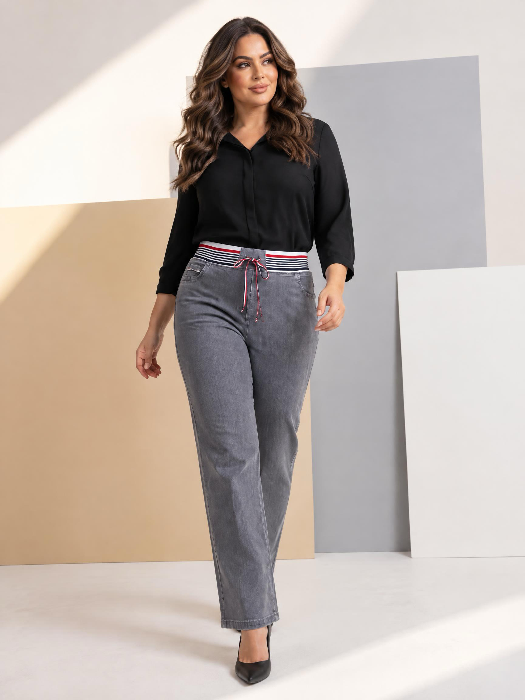 Blugi gri cu design modern și talie elastică colorată
