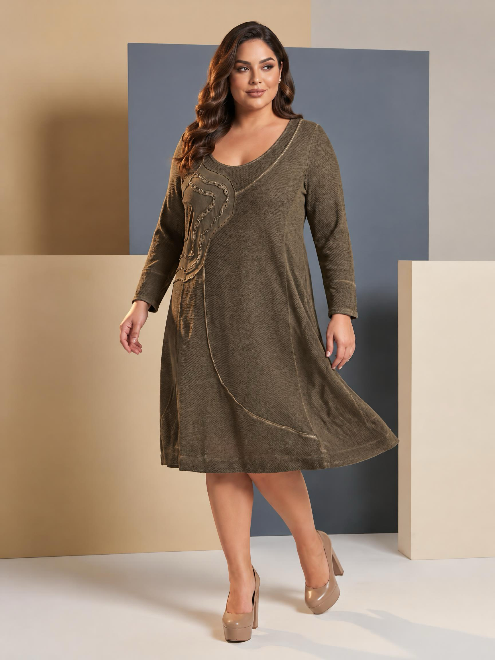 Rochie modernă de lungime medie în nuanță kaki