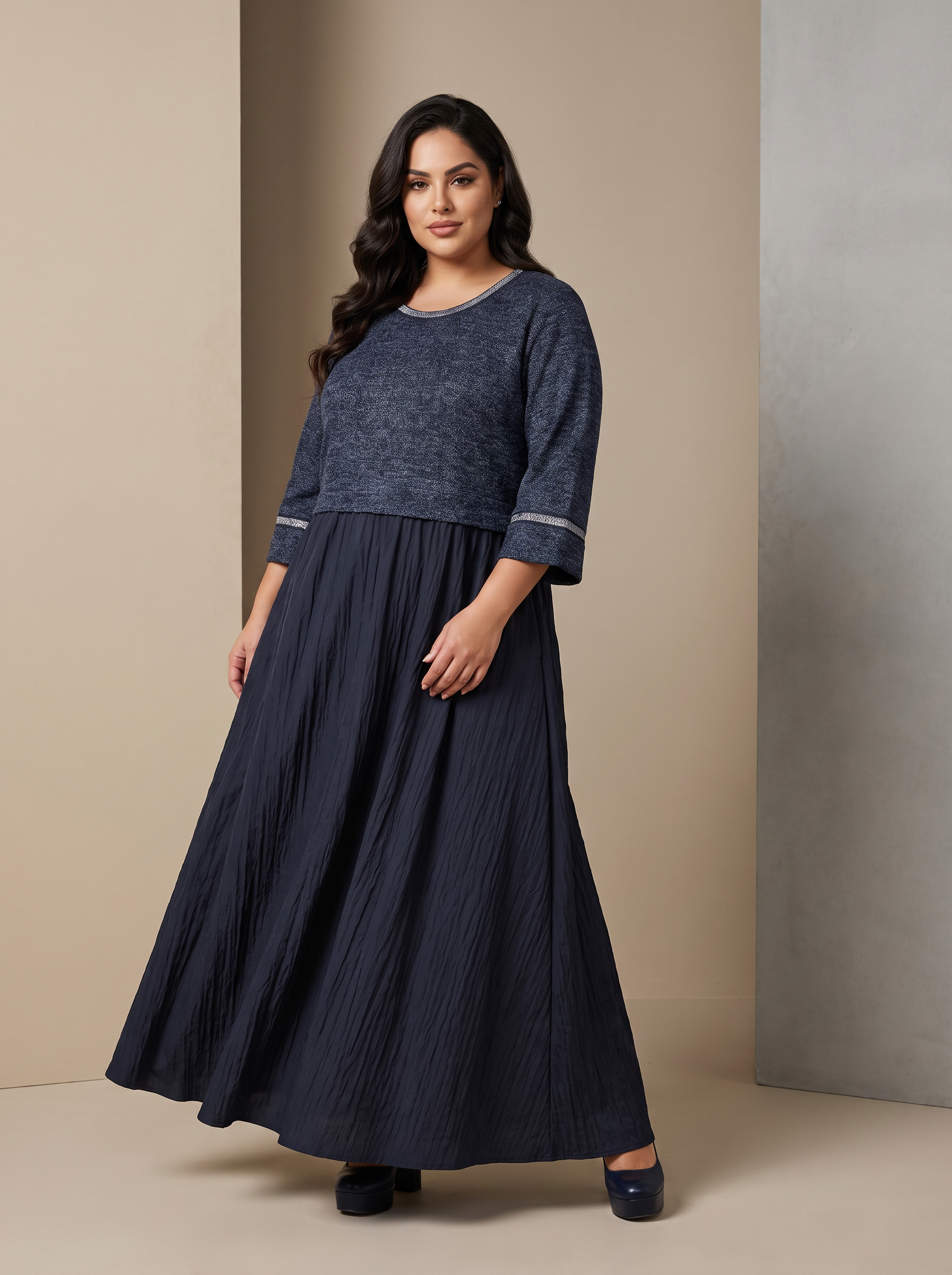 Rochie lungă elegantă bleumarin cu accent argintiu strălucitor 