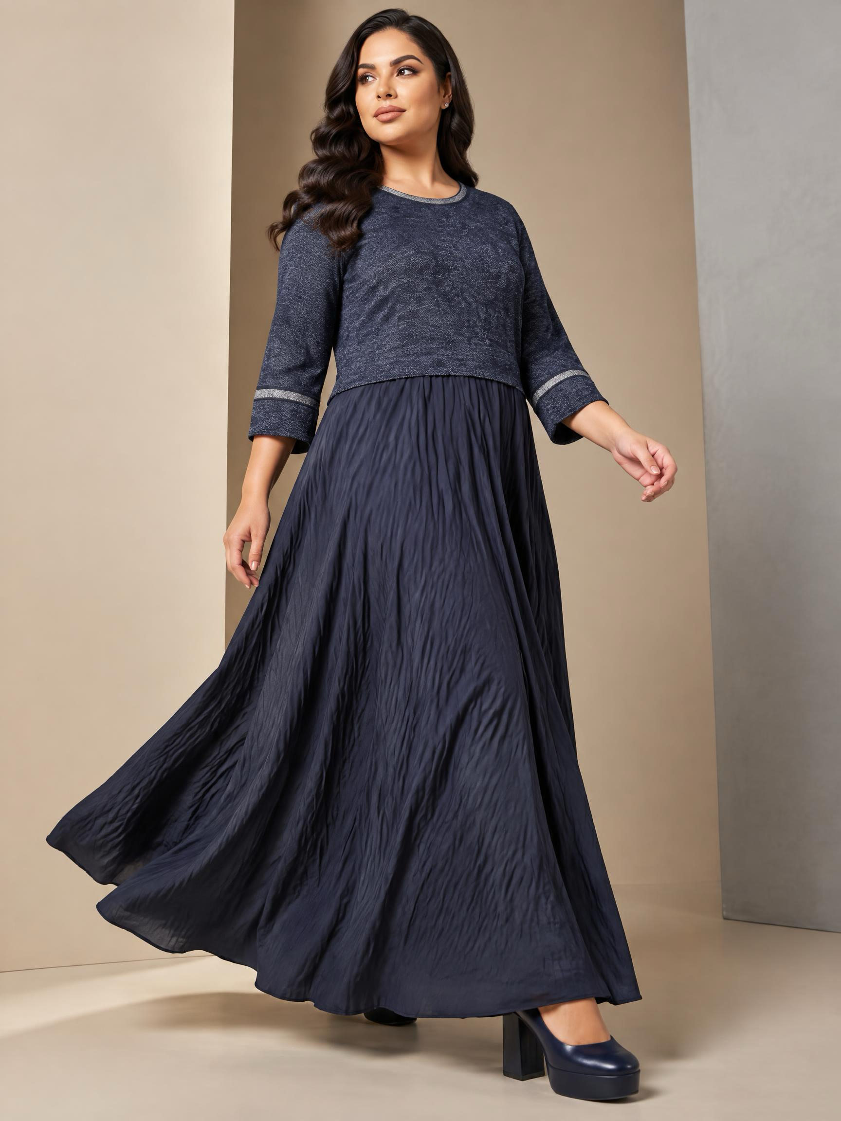 Rochie lungă elegantă bleumarin cu accent argintiu strălucitor 