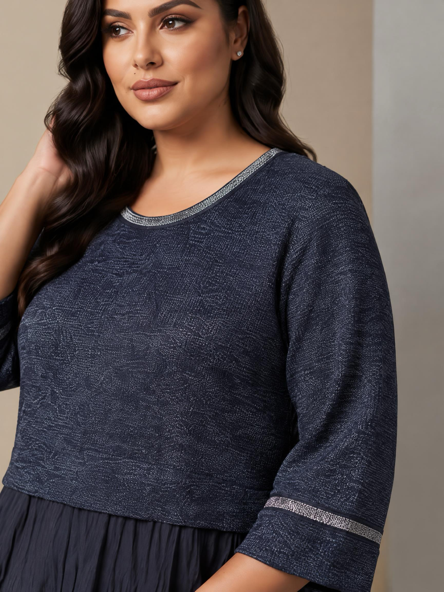 Rochie lungă elegantă bleumarin cu accent argintiu strălucitor 