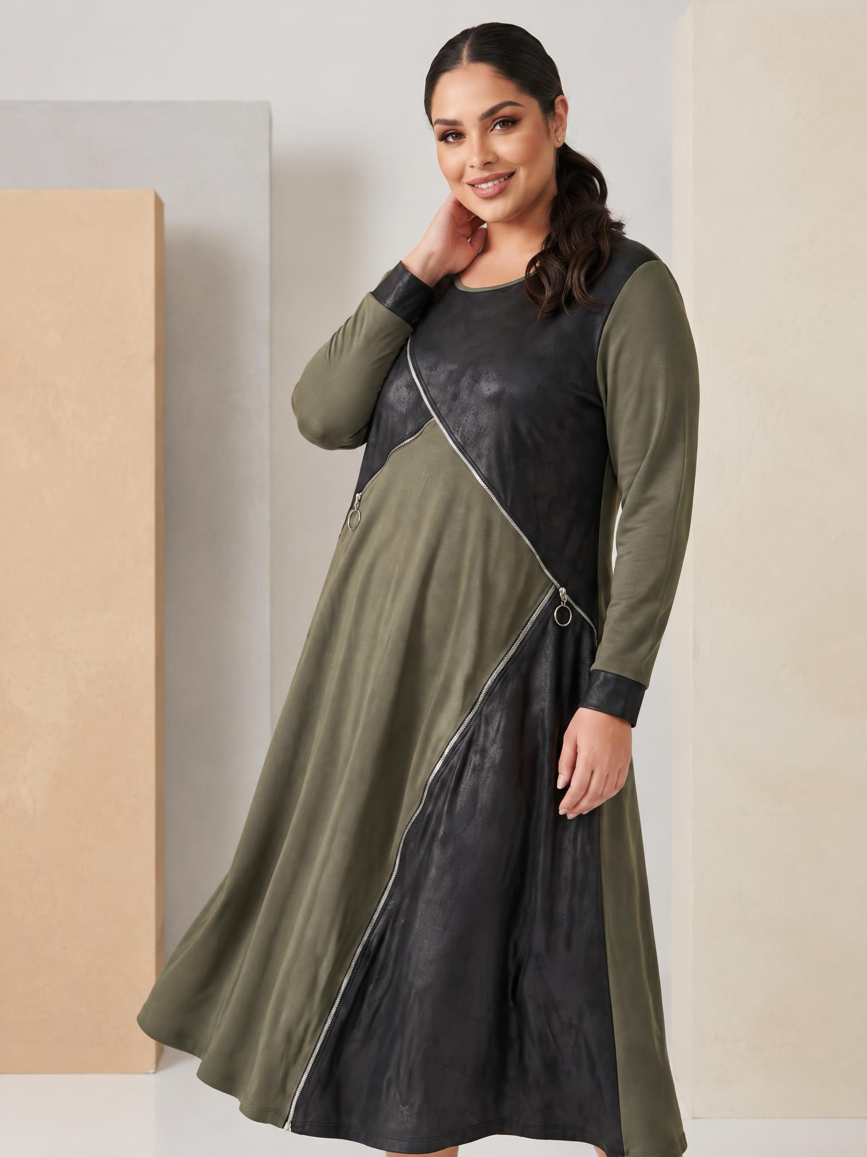 Rochie maxi cu fermoare decorative și detalii impermeabile