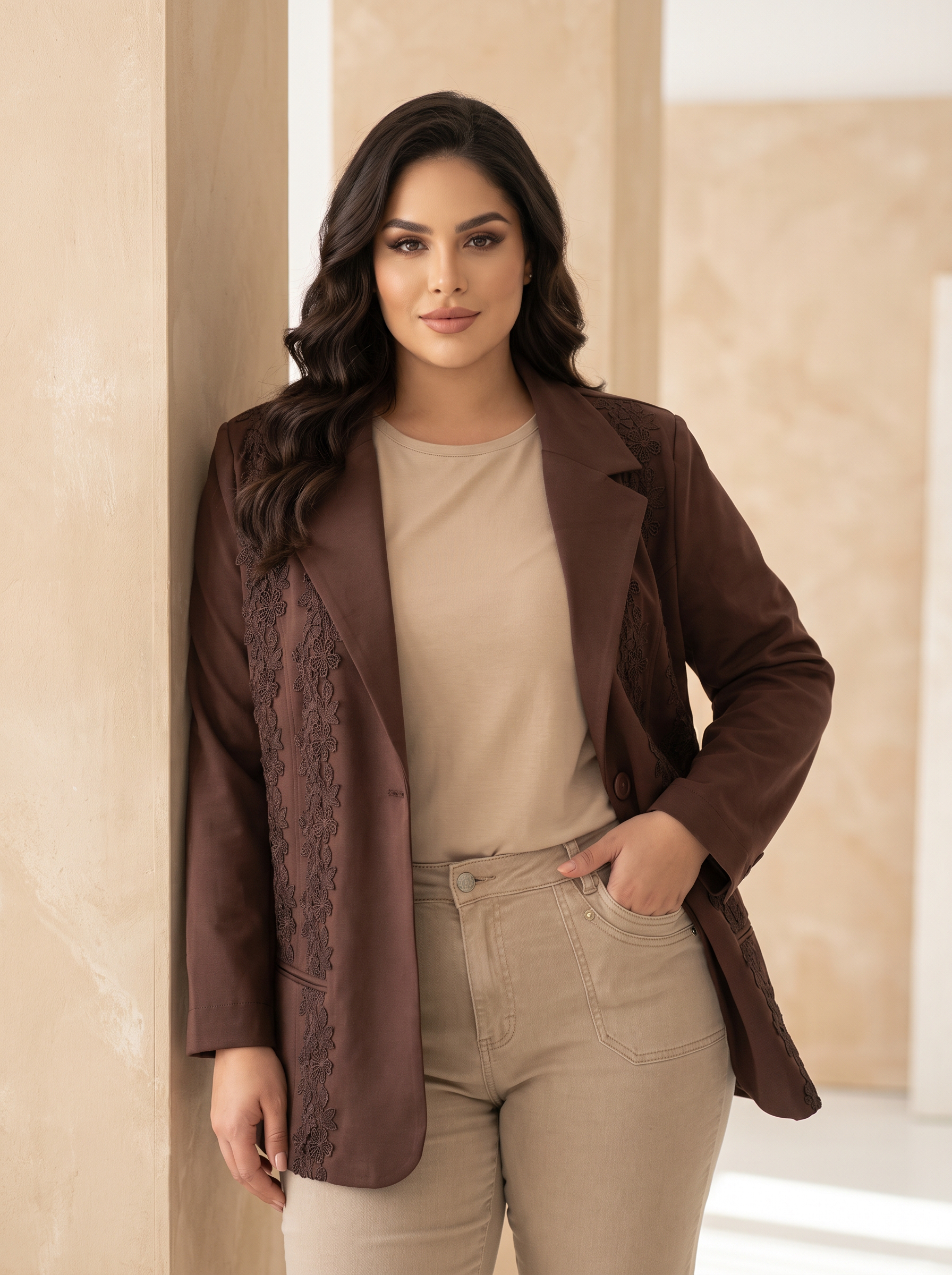 Sacou maro cu detalii elegante și broderie maro