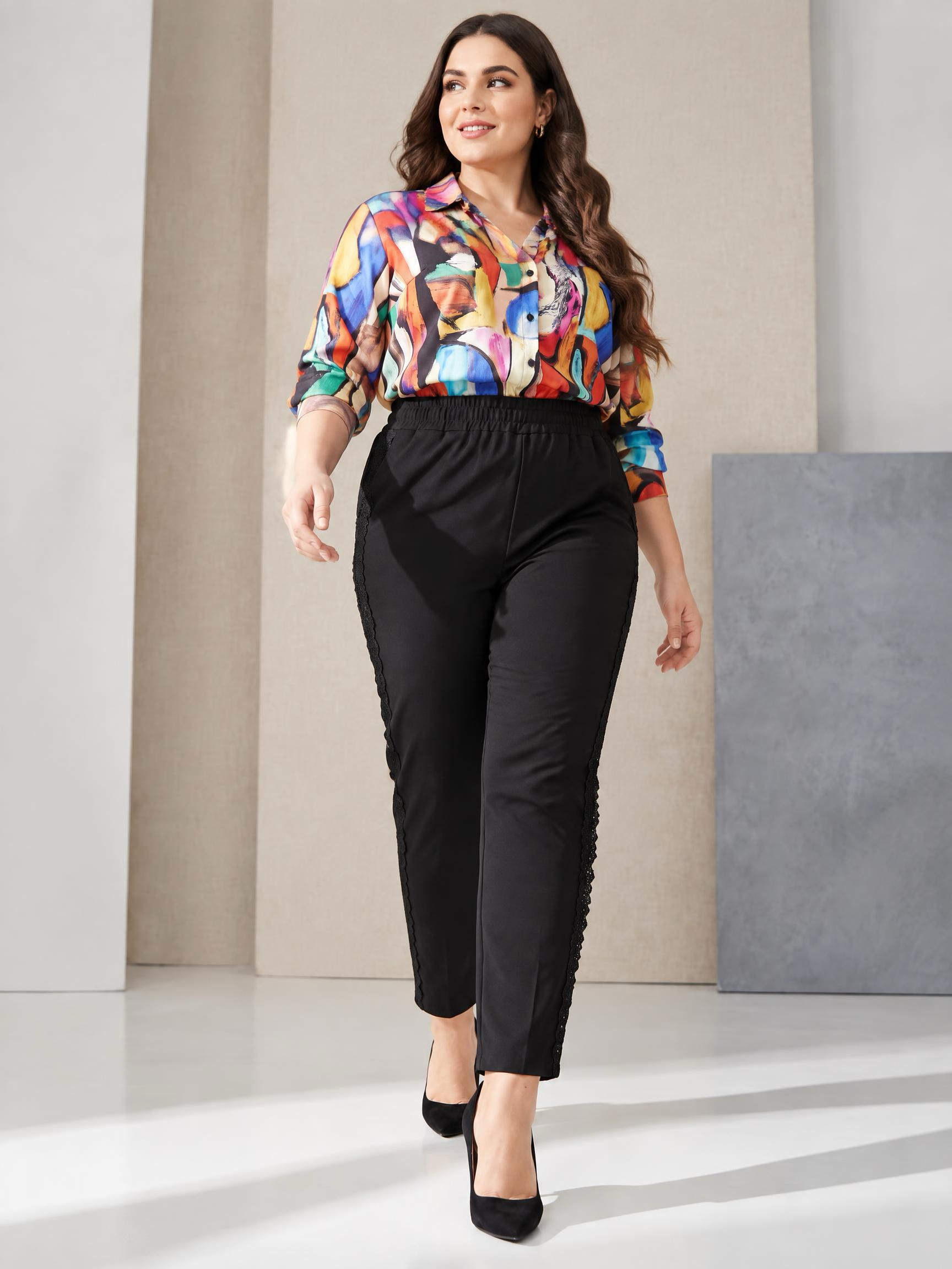 Pantaloni din țesătură Punto Milano cu bandă laterală brodată