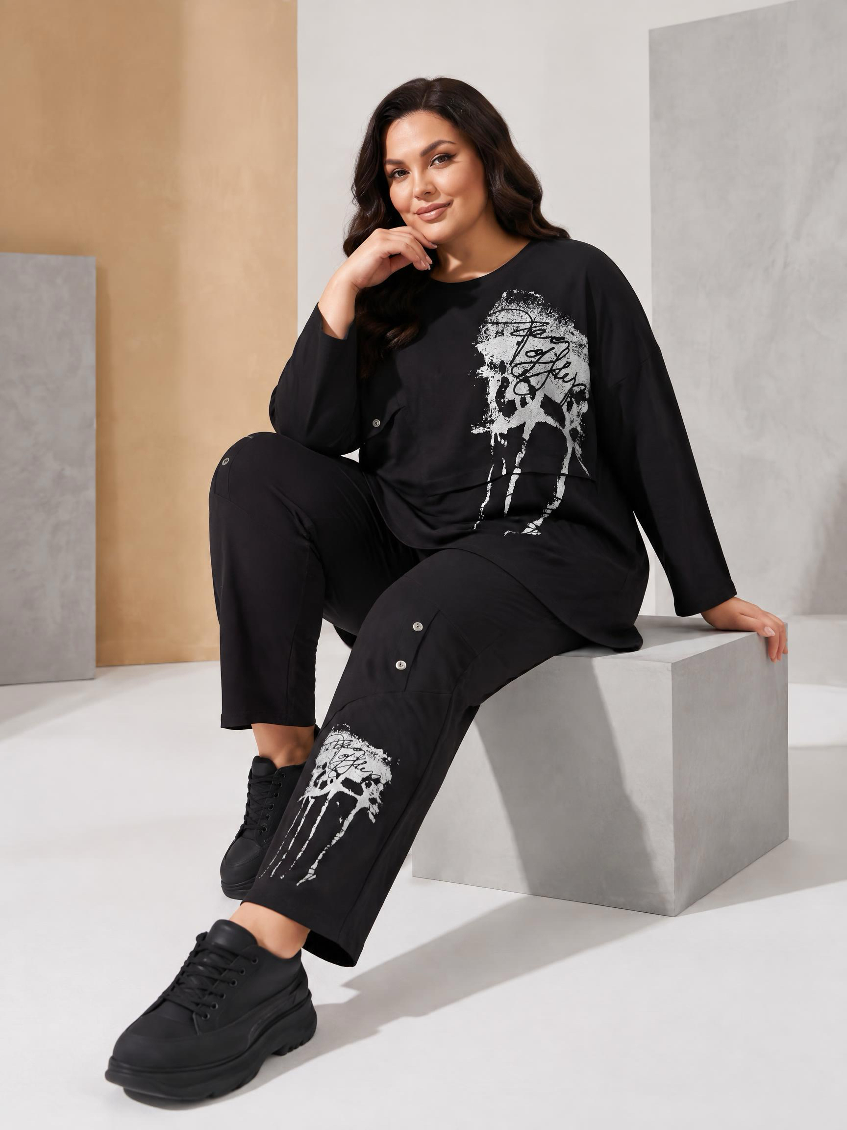 Compleu maxi lejer negru cu tunică și pantaloni