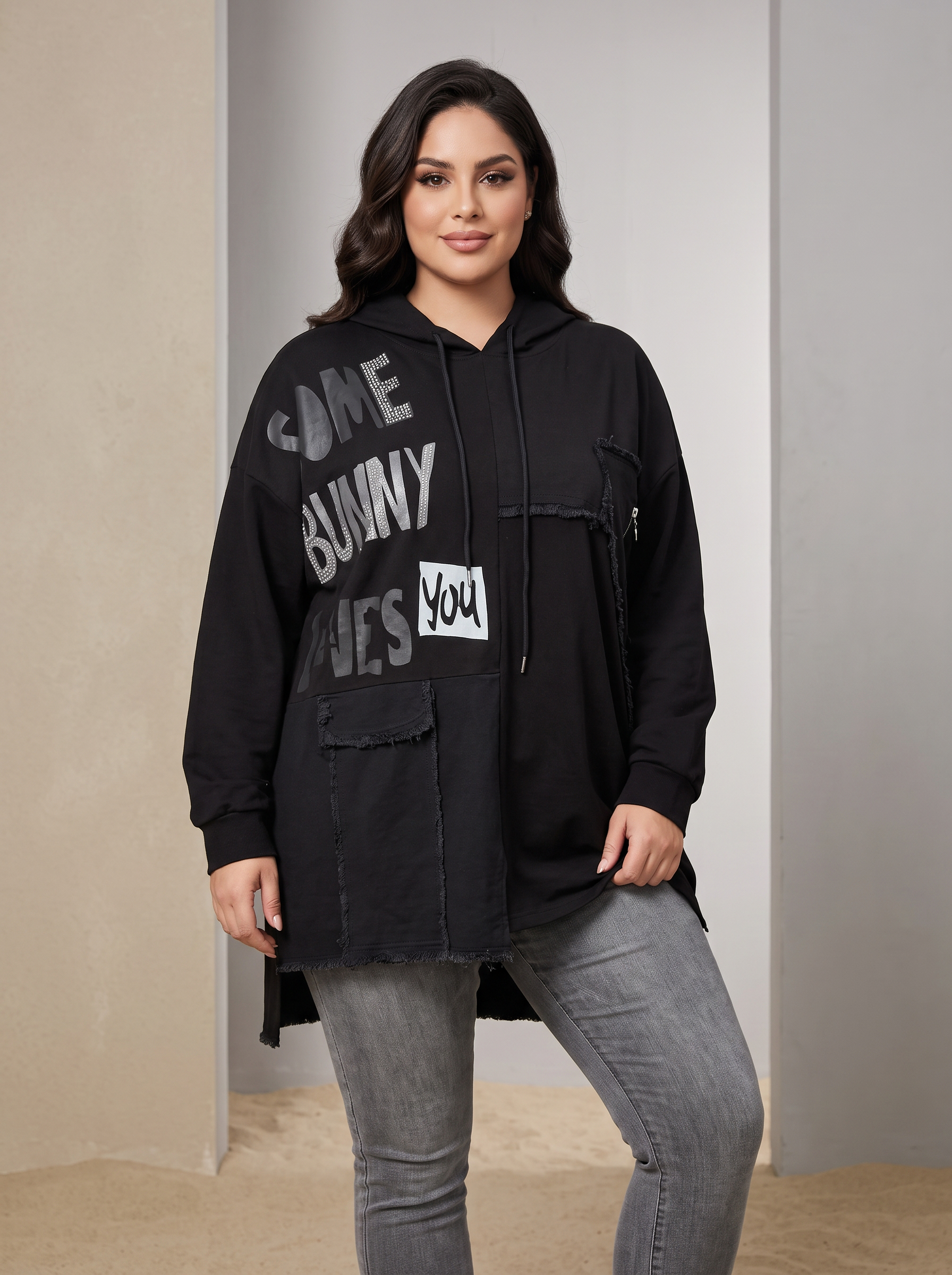 Tunică maxi modernă cu detalii din denim