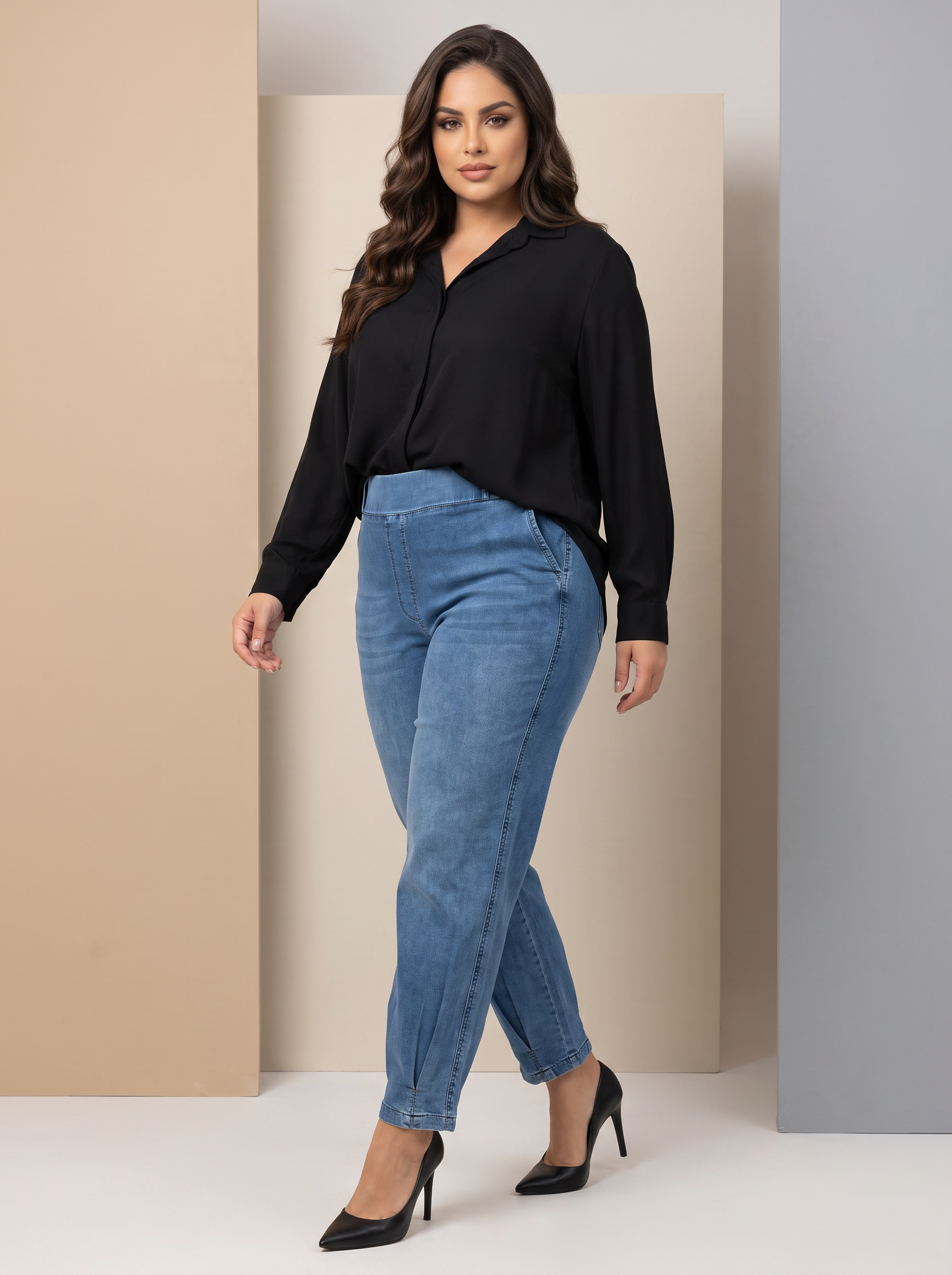 Blugi maxi albaștri deschis cu model larg din material elastic