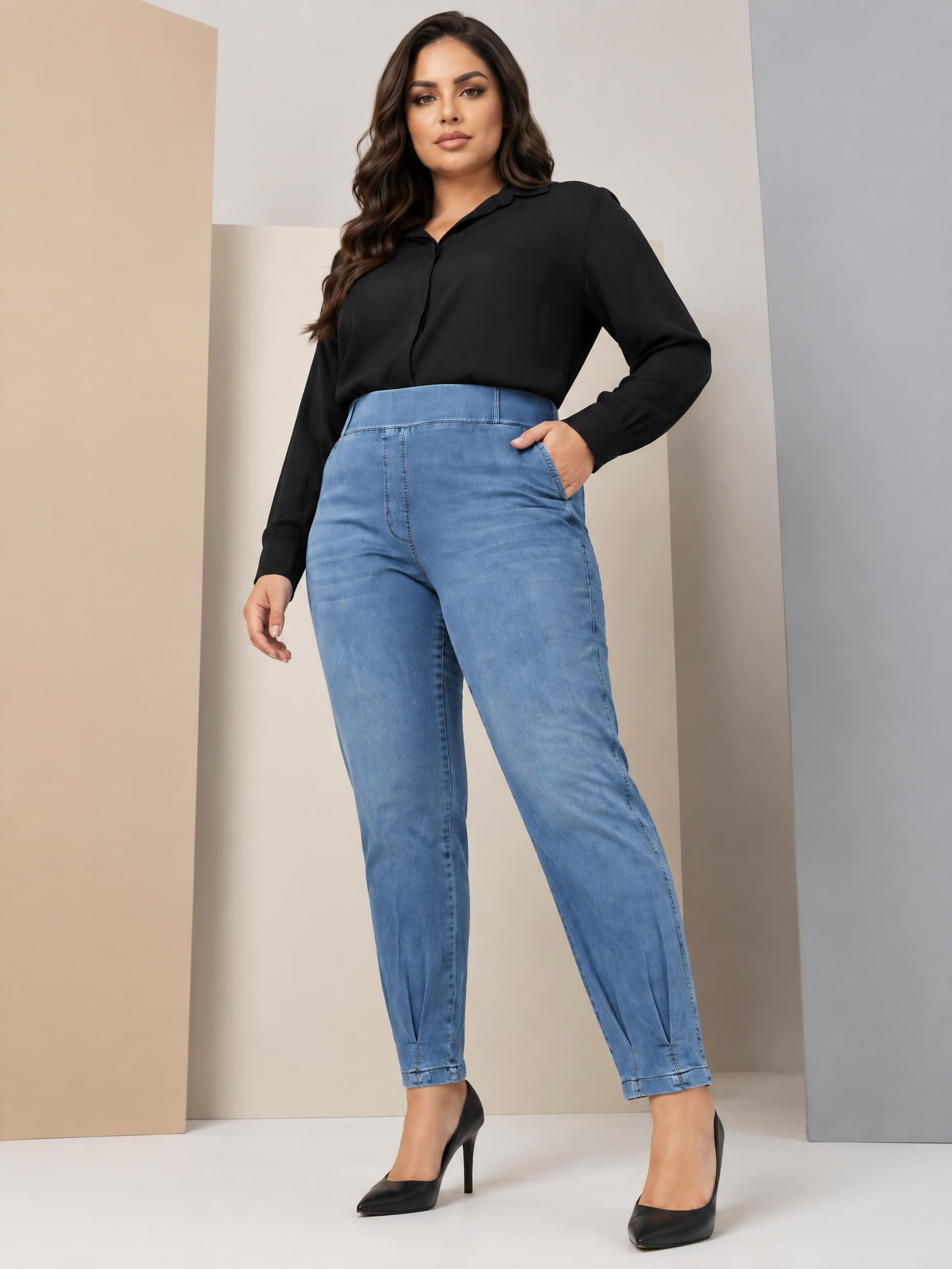 Blugi maxi albaștri deschis cu model larg din material elastic