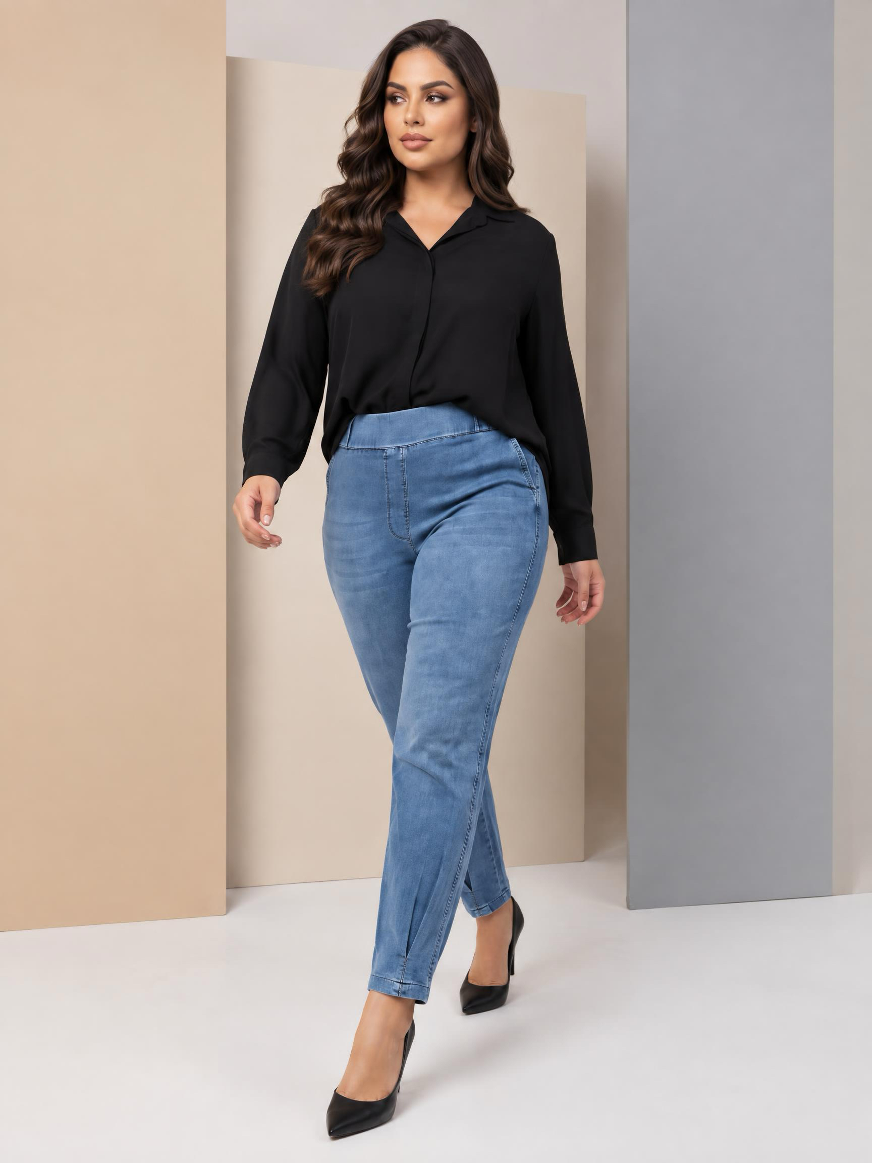 Blugi maxi albaștri deschis cu model larg din material elastic